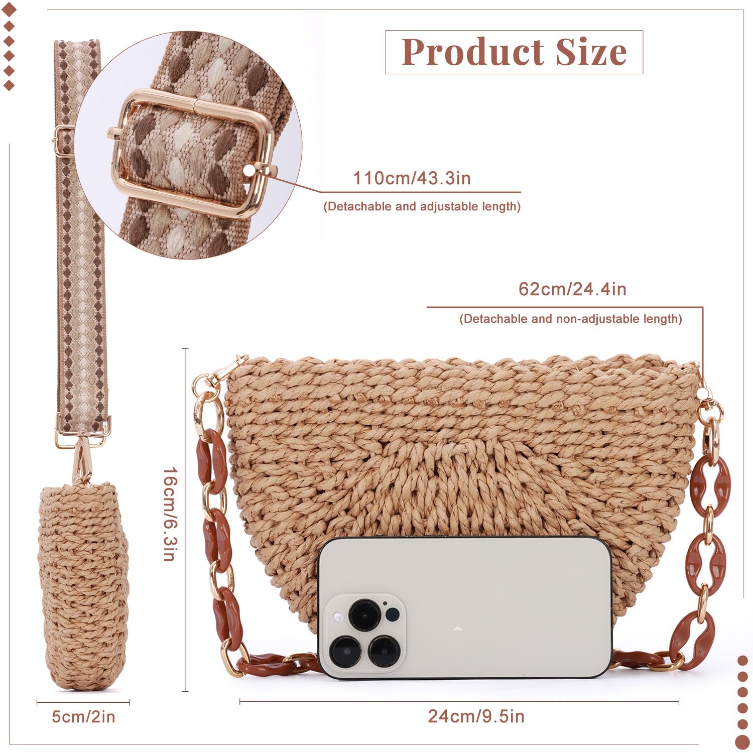 KUANG! Semicircle Handmade Woven Shoulder Bag for Women Summer Straw Beach Purse Crossbody Handbag Woven with Chain Strap
