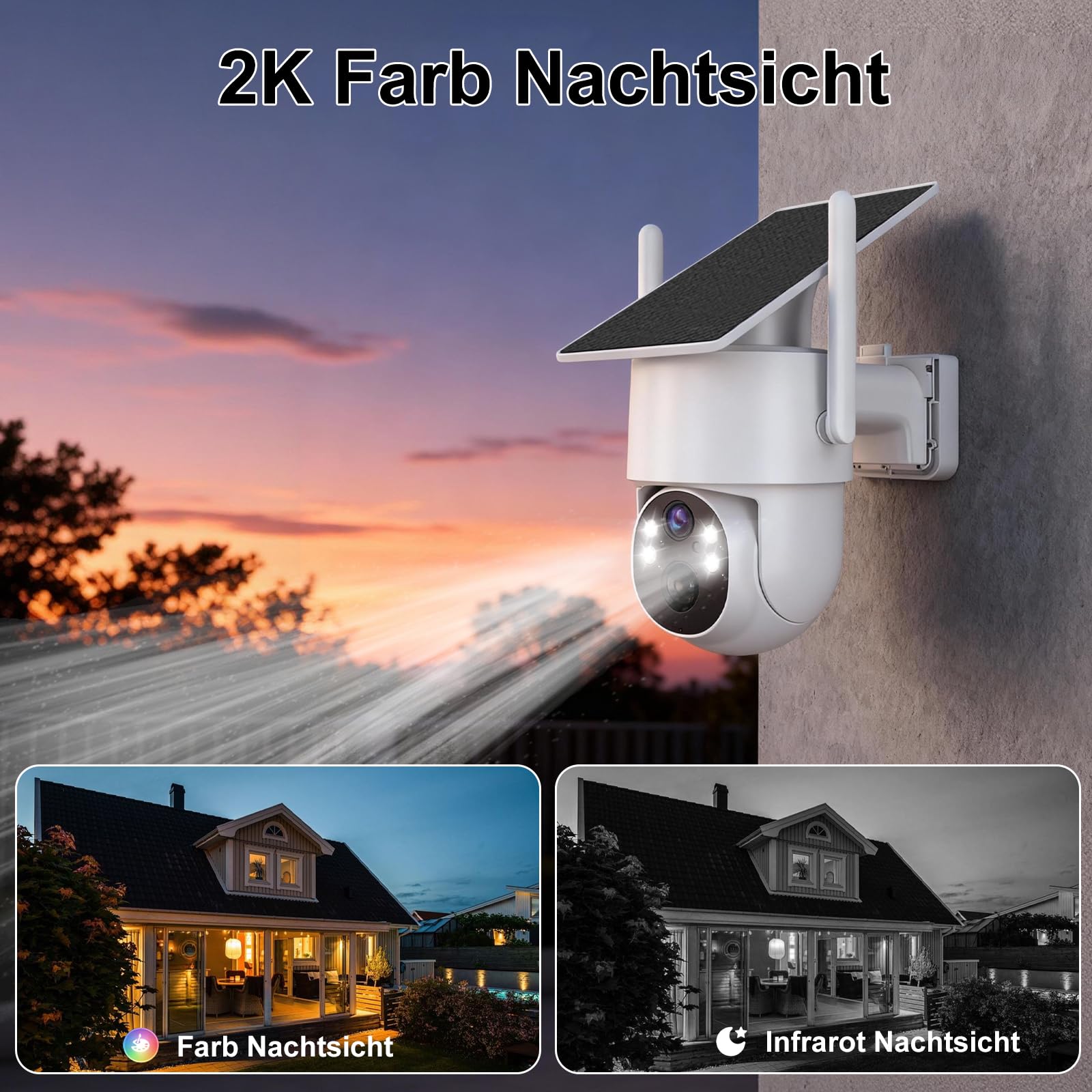 4G LTE überwachungskamera Aussen Ohne WLAN,360 Tage Unbegrenzte Daten | Solarbetrieben ohne WLAN,2K PTZ 360°Kamera,Farb-Nachtsicht,PIR-Bewegungssensor,64 GB Speicher,IP65 Wasserdicht