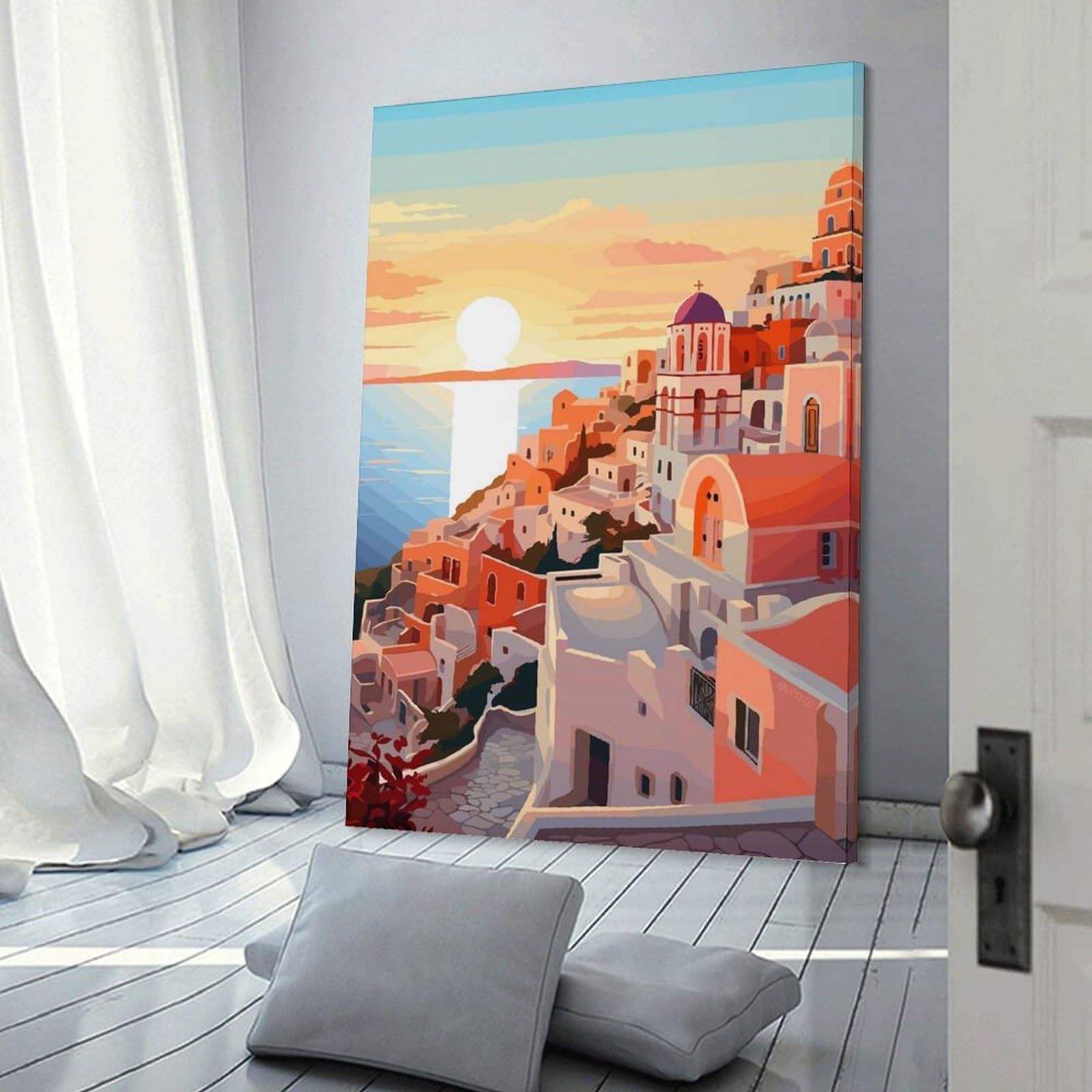 Junmoney Frame-Style-10 Greece Sunset Travel Art Decorative Wall Artwork, 24X36inch(60X90cm), For New Homes, Bedrooms Or Workspaces, Gift Idea For Housewarming And Birthdays
