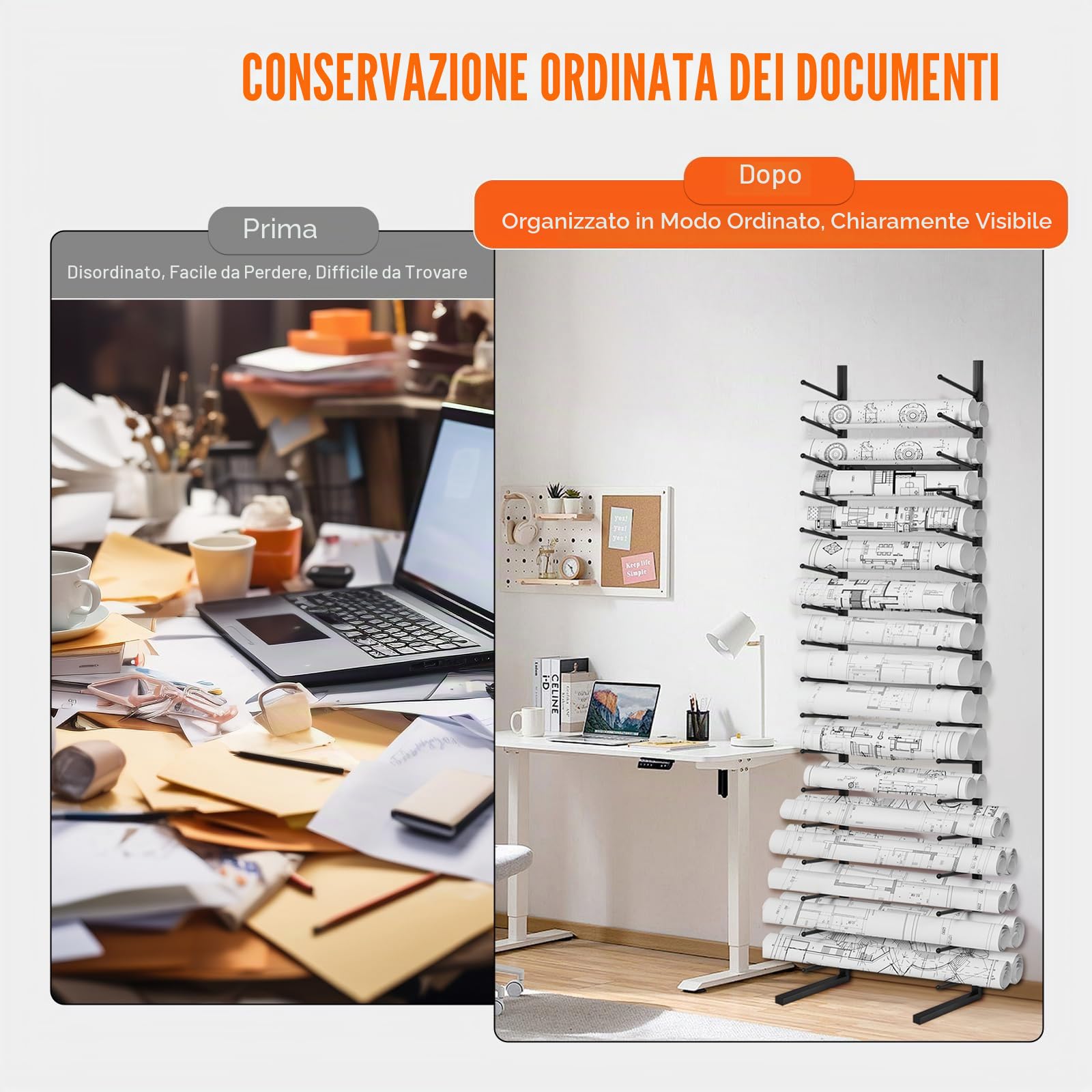 VEVOR Scaffale Portaprogetti 540 x 285 x 2125 mm Espositore per Manifesti Sospesi a 16 livelli, Portarotolo Verticale per Progetti 2 Rotoli/Pneumatico, Scaffale per Portarotolo con Mappa Cianografica