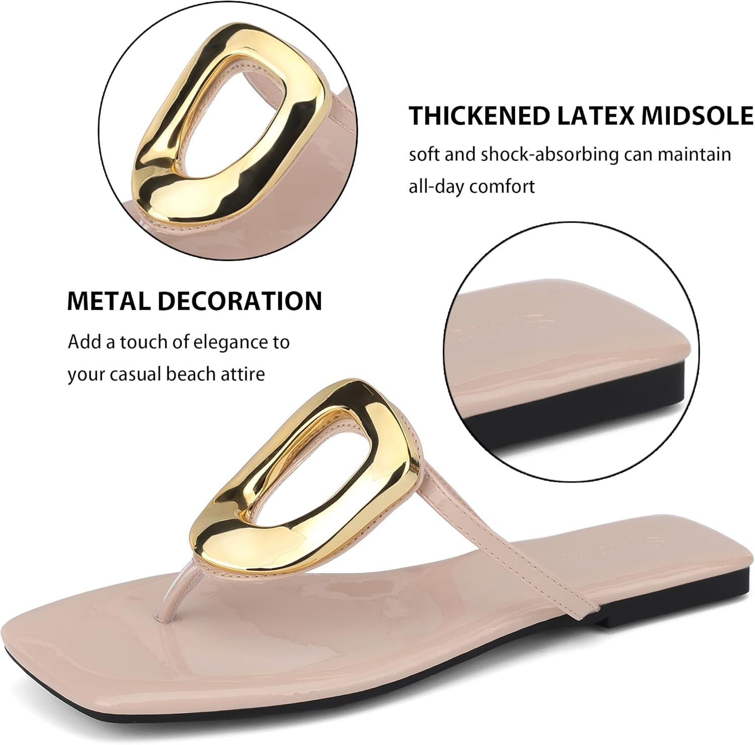 Womens Flat Sandals Square Comfortable Flip Flops Slide Summer Beach Shoes with Metal Decoration - Image 3