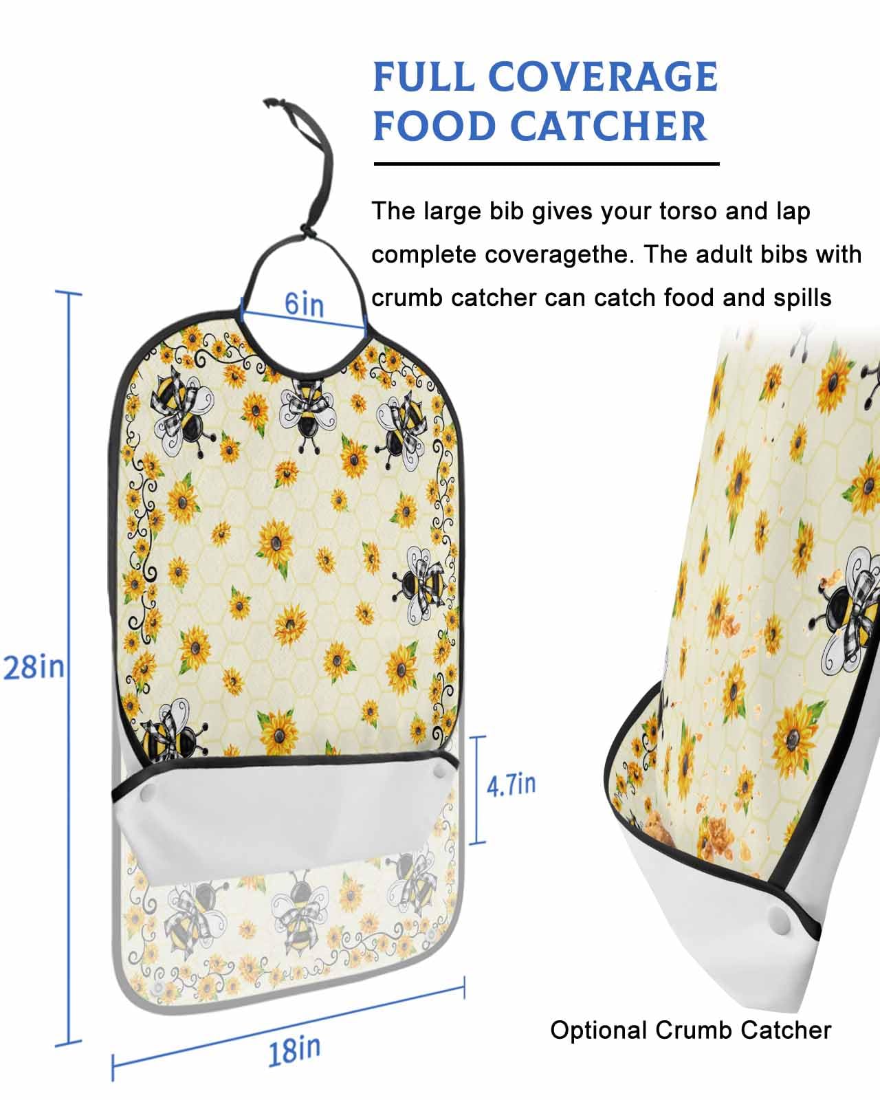 LEOKOTI Sunflower Adult Bibs for Eating, Waterproof Bibs with Food Catcher & Adjustable Snap Closure, Vintage Farmhouse Summer Bee Floral Washable Clothing Protectors Adult Bibs for Elderly Women/Men