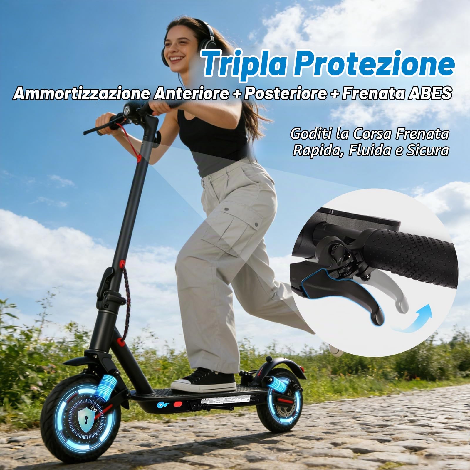 Monopattino Elettrico,Autonomia 30 km, Velocità max 25 km/h, Batteria 36V 10.4Ah, Doppi freni a disco con EABS, Pneumatici solidi 10", Monopattino da città, Controllo App, pendenza max 15%