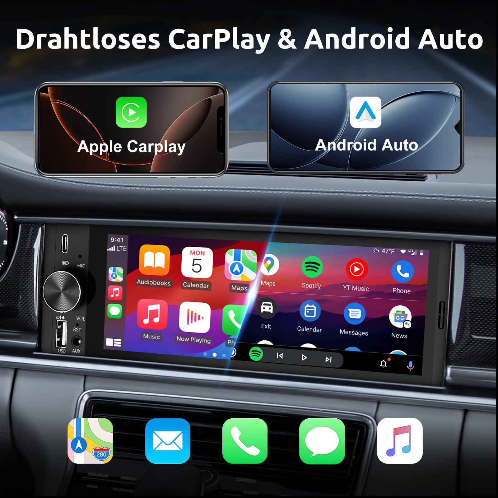 ESSGOO 6.36 Zoll 1 DIN Autoradio mit Wireless Carplay und Android Auto, HD IPS Bildschirm Auto Display Bluetooth Radio mit Rückfahrkamera Mirror Voice Control Mirror Link FM