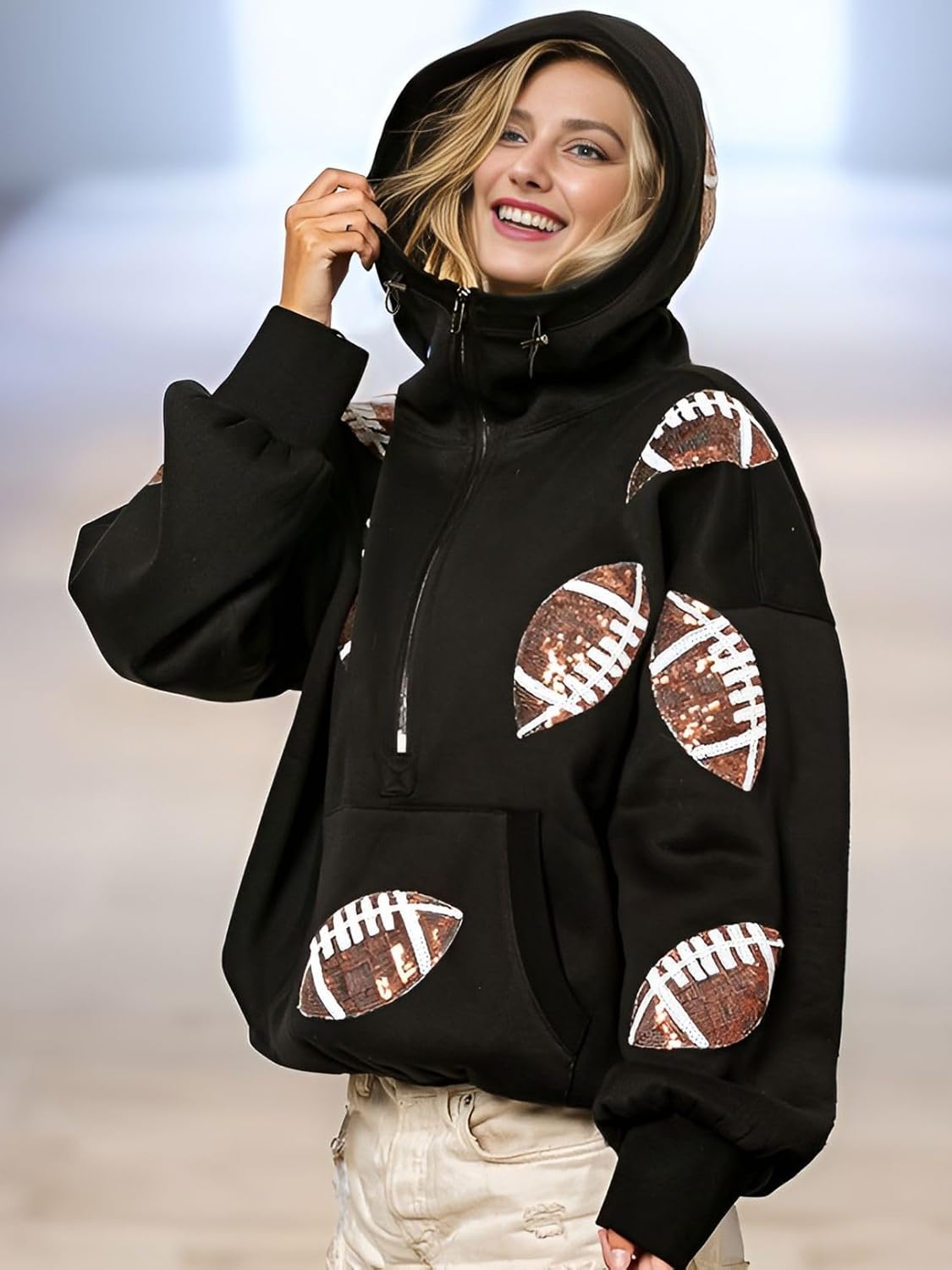 Womens Football Sequin Rugby Patches Half Zip Up Fleece Hoodie Casual Pullover Long Sleeve Zipper Sweatshirt - Image 3