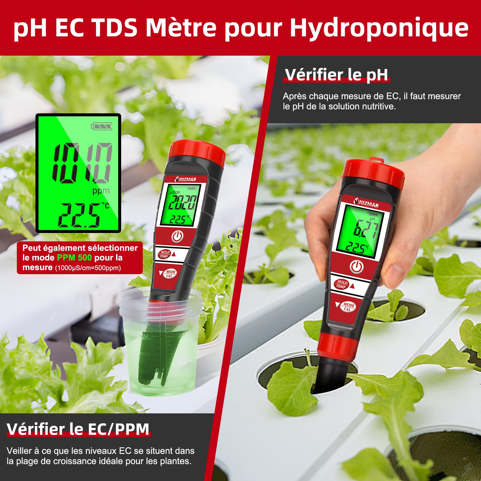 UIUZMAR pH Mètre pour L'eau 4 en 1 pH EC TDS Temp Mètre pour Piscine Aquarium Hydroponique Testeur d'eau PPM et EC pH Testeur Numérique de Piscine de Haute Précision pH Mètre pour Eau Potable
