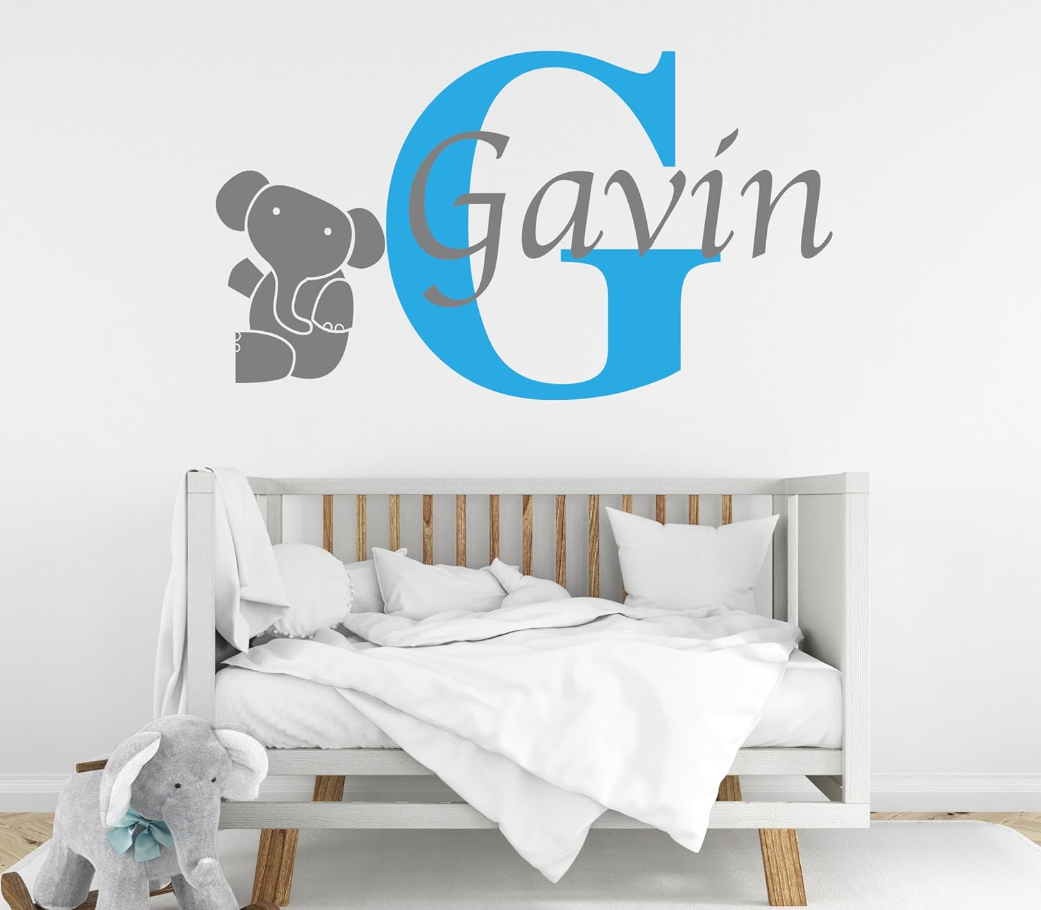 Elephant Custom Name and Initial -Nursery Elephant Custom Personalized Name Wall Decal - Nursery Elephant Wall Decals - Elephant Decor - Wall Decal for Nursery Decoration (Wide 40"x21" Height Inches)