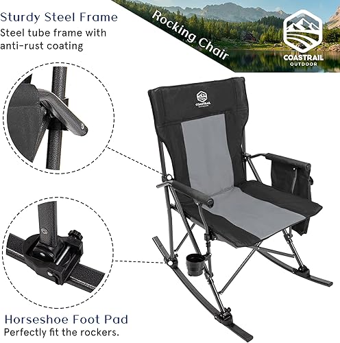 Miniatura 9 de Coastrail Outdoor Silla mecedora plegable de campamento con respaldo alto acolchado y soporte para tazas plegable, almacenamiento lateral, bolsillo