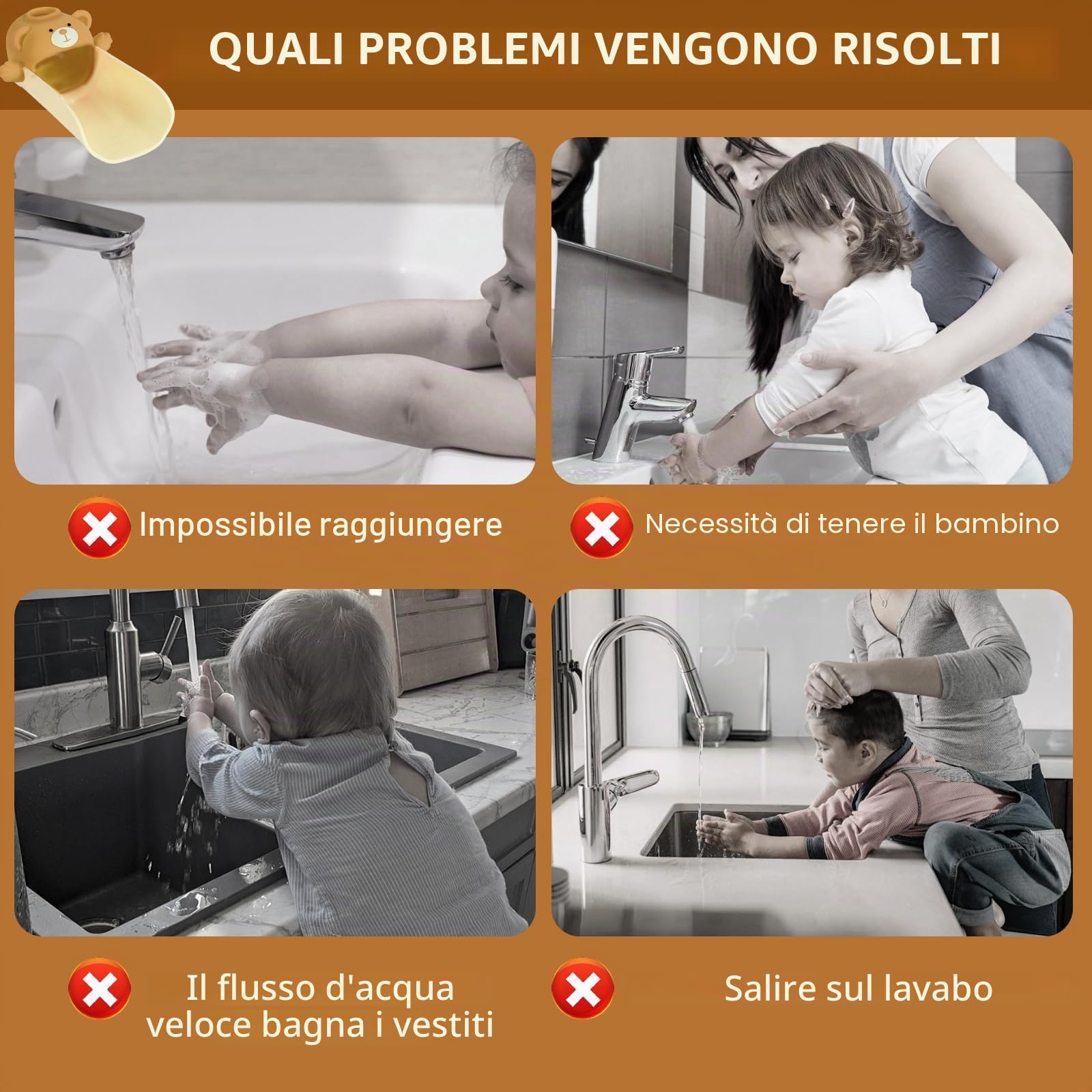 Estensore Rubinetto Bambini,Con effetto sensore di temperatura, Prolunga Per Rubinetto Per Bambini, Prolunga per rubinetto in silicone, Extender Rubinetto Bambini Kids Babies (Marrone)