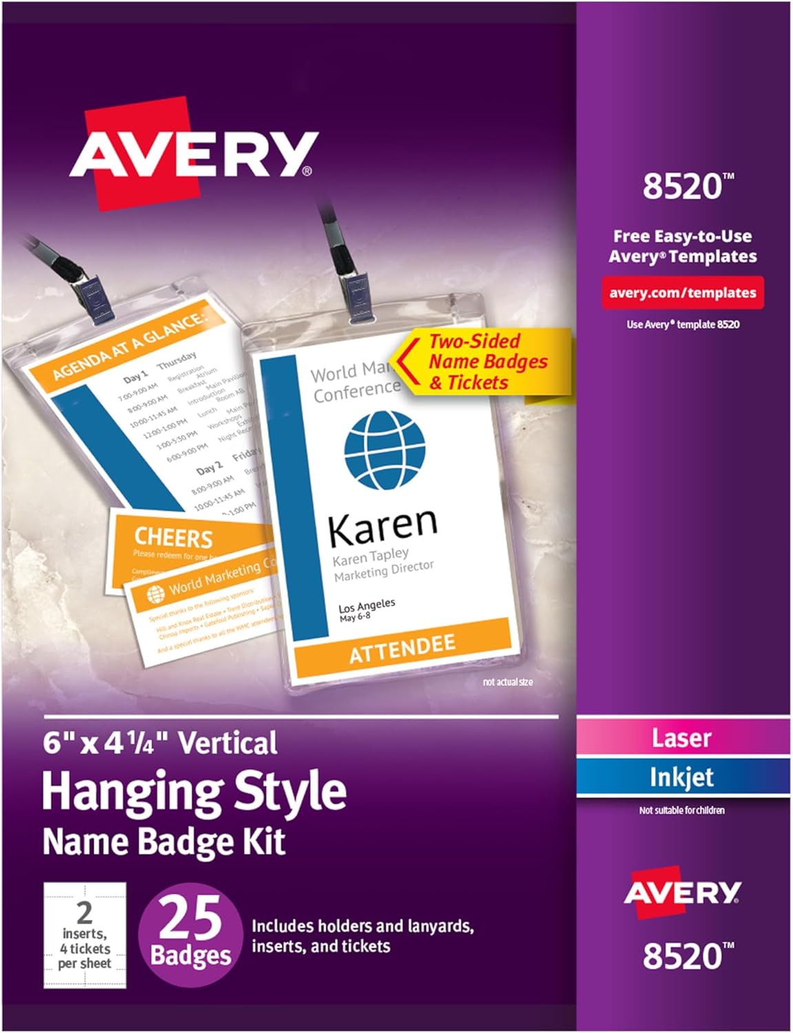 Avery Customizable Name Badges, 6" x 4.25", Laser/Inkjet Printable Inserts Including Tickets, 25 Vertical Name Tag Holders, Includes Lanyards (8520)