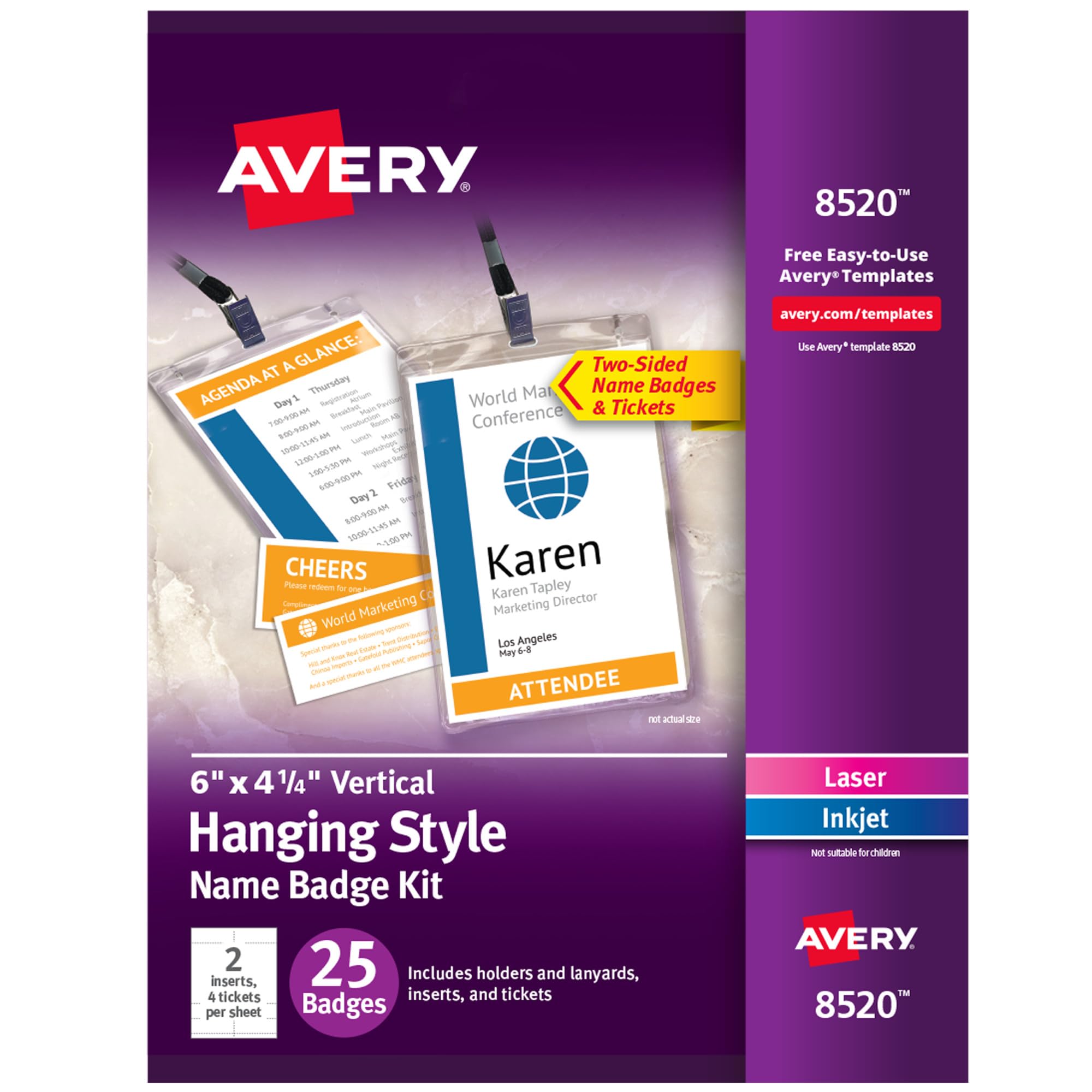 Avery Customizable Name Badges, 6" x 4.25", Laser/Inkjet Printable Inserts Including Tickets, 25 Vertical Name Tag Holders, Includes Lanyards (8520)