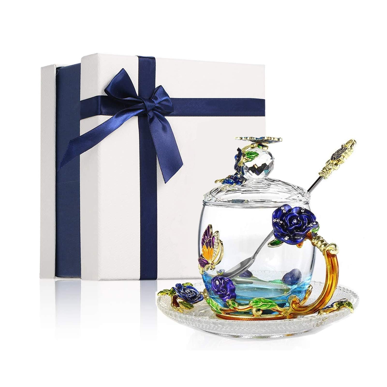 AZr Enamels Butterfly Flower Tea Cup,Glass Teacup，Coffee Mug with Spoon Lid Saucer Housewarming Mother's Valentine's Day Gift (Color : Short)