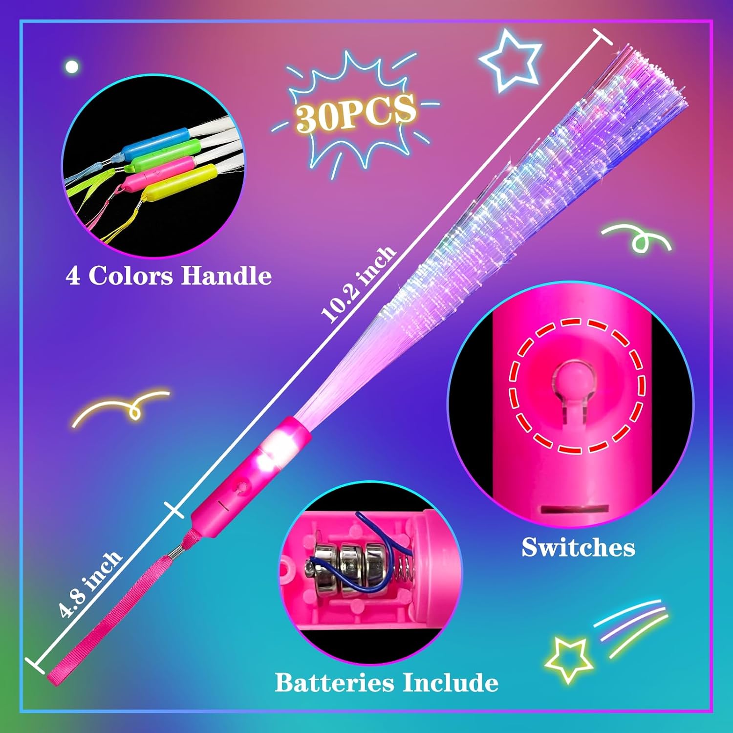 30 Pcs Colorful Glow Fiber Wands,Toys Glow Sticks Bulk Party Pack for Adults,Glow in the Dark 4th of July Party Supplies for Patriotic,football ,Wedding, Birthday,Classroom,Concert,Pool carnival