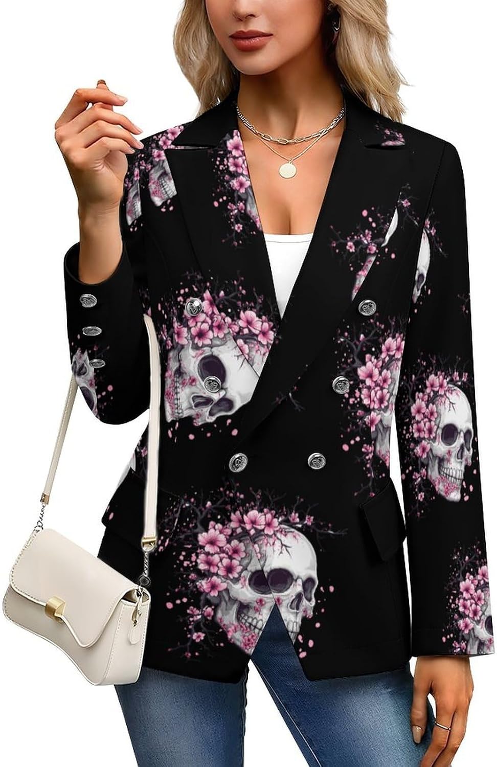 Japanese Skull Womens Casual Blazers Long Sleeve Lapel Business Suit Jackets