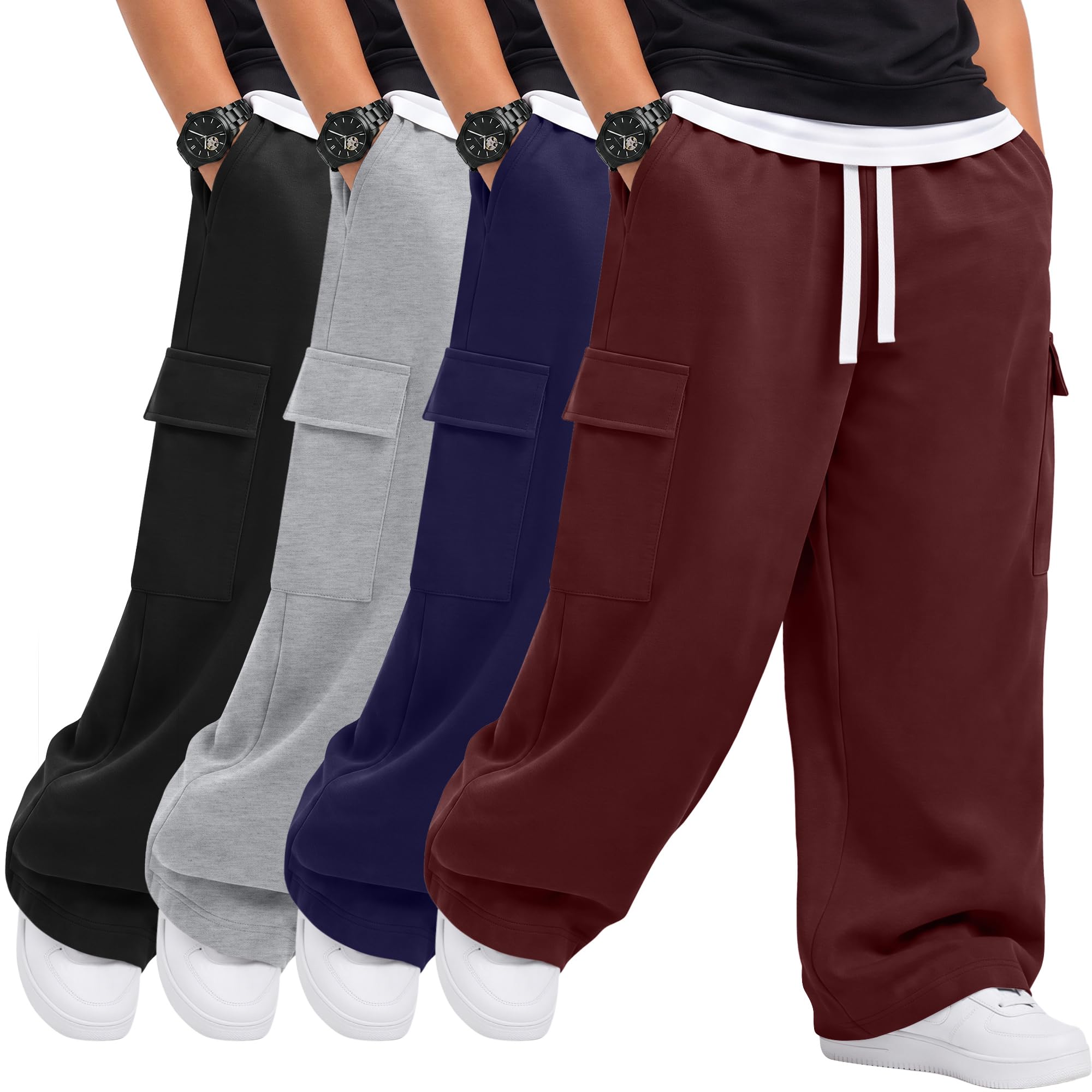 Mumucove 4 Pack Toddler Boys' Cargo Sweatpants Baby Pants | Back to School Wear, Kids Straight Leg Pants, Elastic Waist, Baby Open Bottom Joggers with Pockets, Active Play, Age 18m-5t