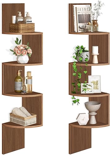 Miniatura 16 de HOOBRO Estante esquinero montado en la pared, juego de 2 estantes de esquina flotantes para pared, estantes esquineros de 5 niveles para sala de