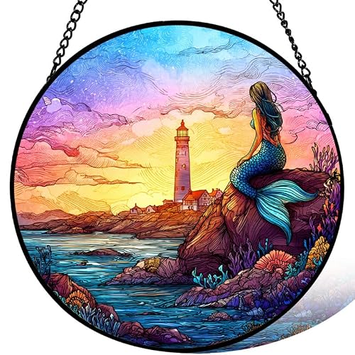 Stained Acrylic Puzzle Suncatcher,7.48in Mermaid‑Ariel Ocean‑Lighthouse Coastal Decor