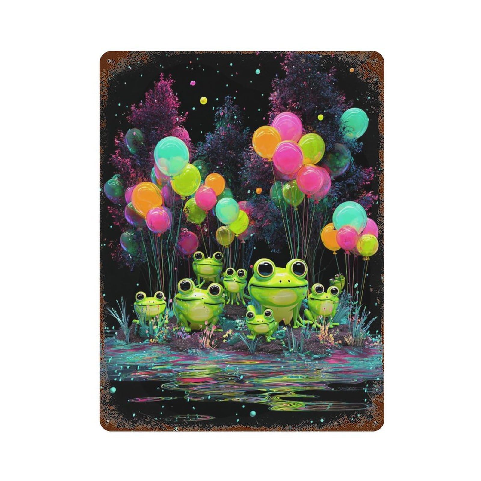 Frogs with Balloons in Pond Decorative Tin Sign 15.7"x11.8", Classic Wall Plaque for Garage, Pub Or Kitchen