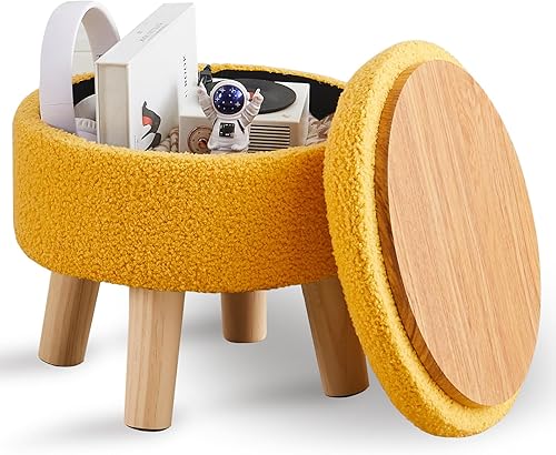 Wimarsbon Otomana de almacenamiento, moderno reposapiés redondo con asiento acolchado suave, reposapiés de terciopelo de peluche con patas de