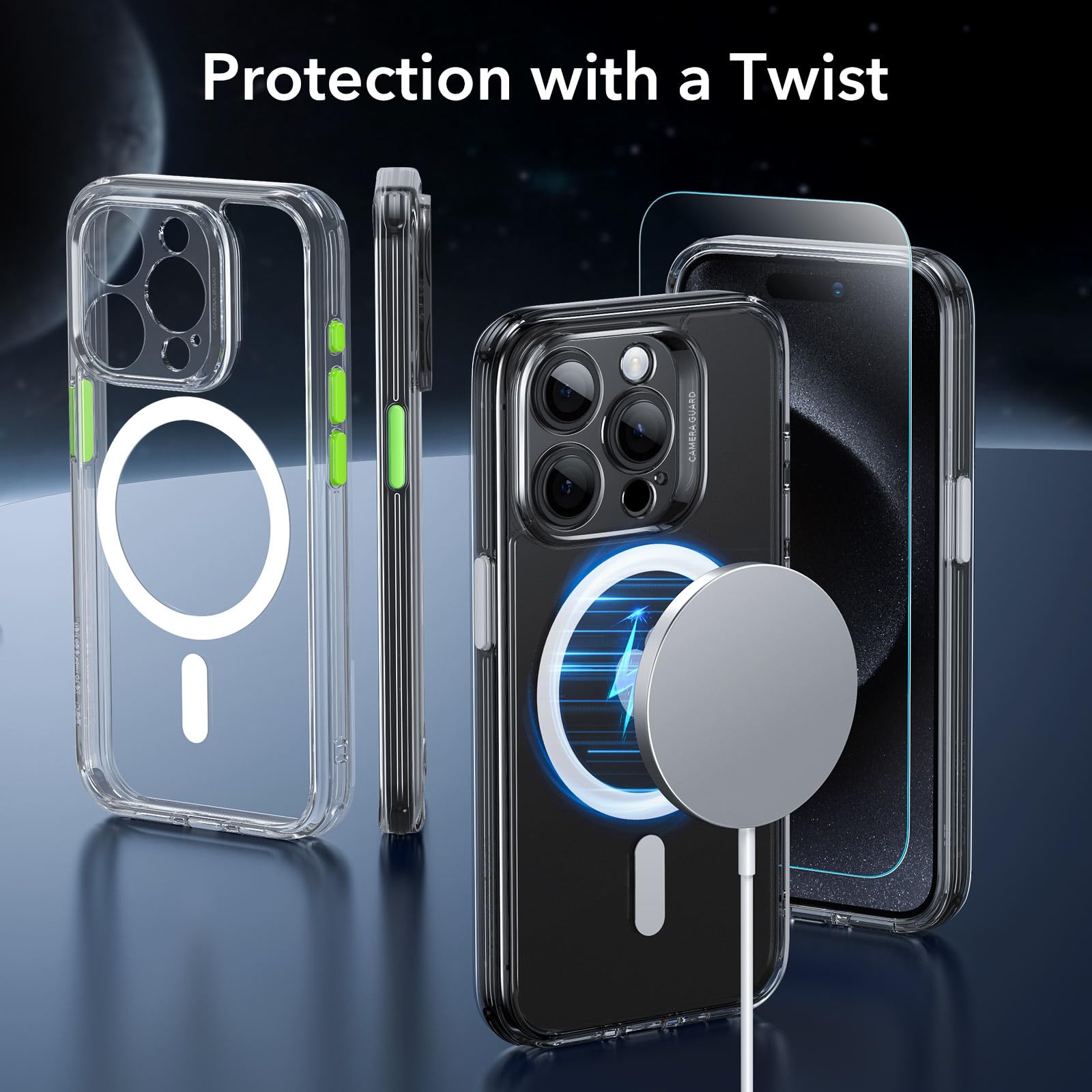 Custodia Per IPhone 15 Pro Max Con MagSafe, Antigiallimento + Vetro E Protezione Fotocamera (3 In 1), Resistente Agli Urti, Trasparente