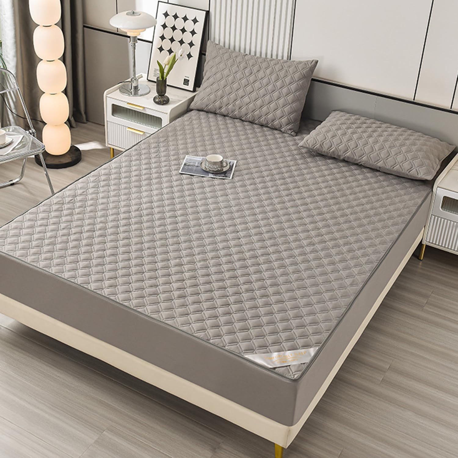 Waterproof Fitted Mattress Pad Cover Protector Queen Size Bed 6 Side Fully Bonded Quilted Cotton Fitted Sheet Zipper Removable Mattress Topper with Pillowcase,Deep blue,Pillowcases*2