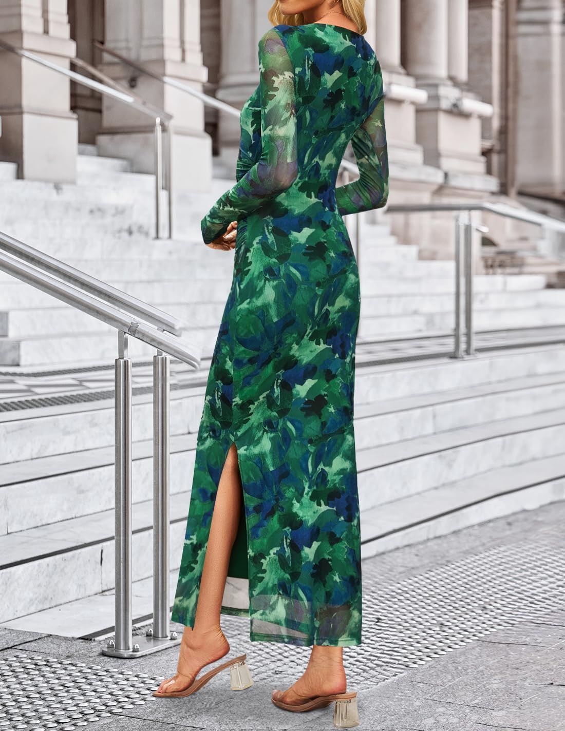 ZESICA Women's Long Sleeve Floral Maxi Dresses 2026 Fall Bodycon Crewneck Side Slit Ruched Fitted Party Long Dress - Image 5