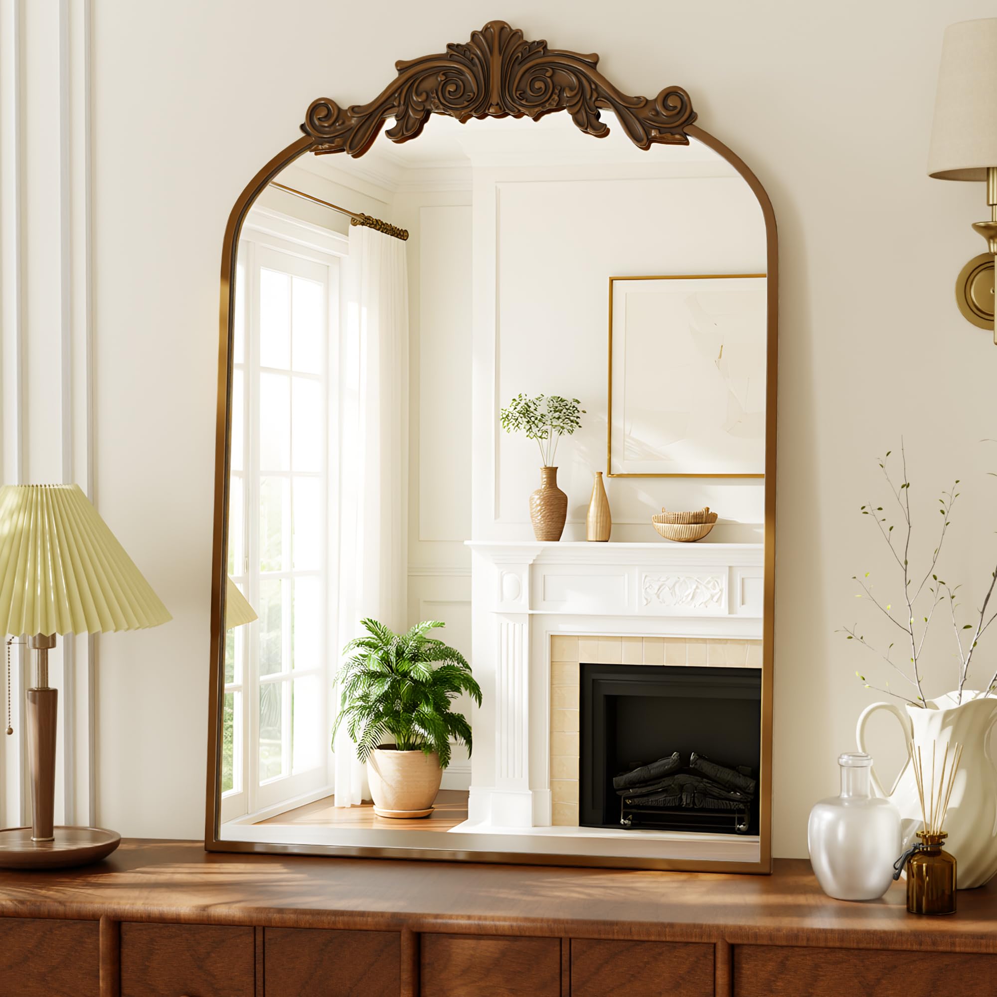 VooBang Vintage Arched Bathroom Mirror, 26x38 Inch Retro Wall Mounted Vanity Mirror with Carved Pattern Top and Metal Frame, Antique Decorative Mirror for Hanging or Leaning