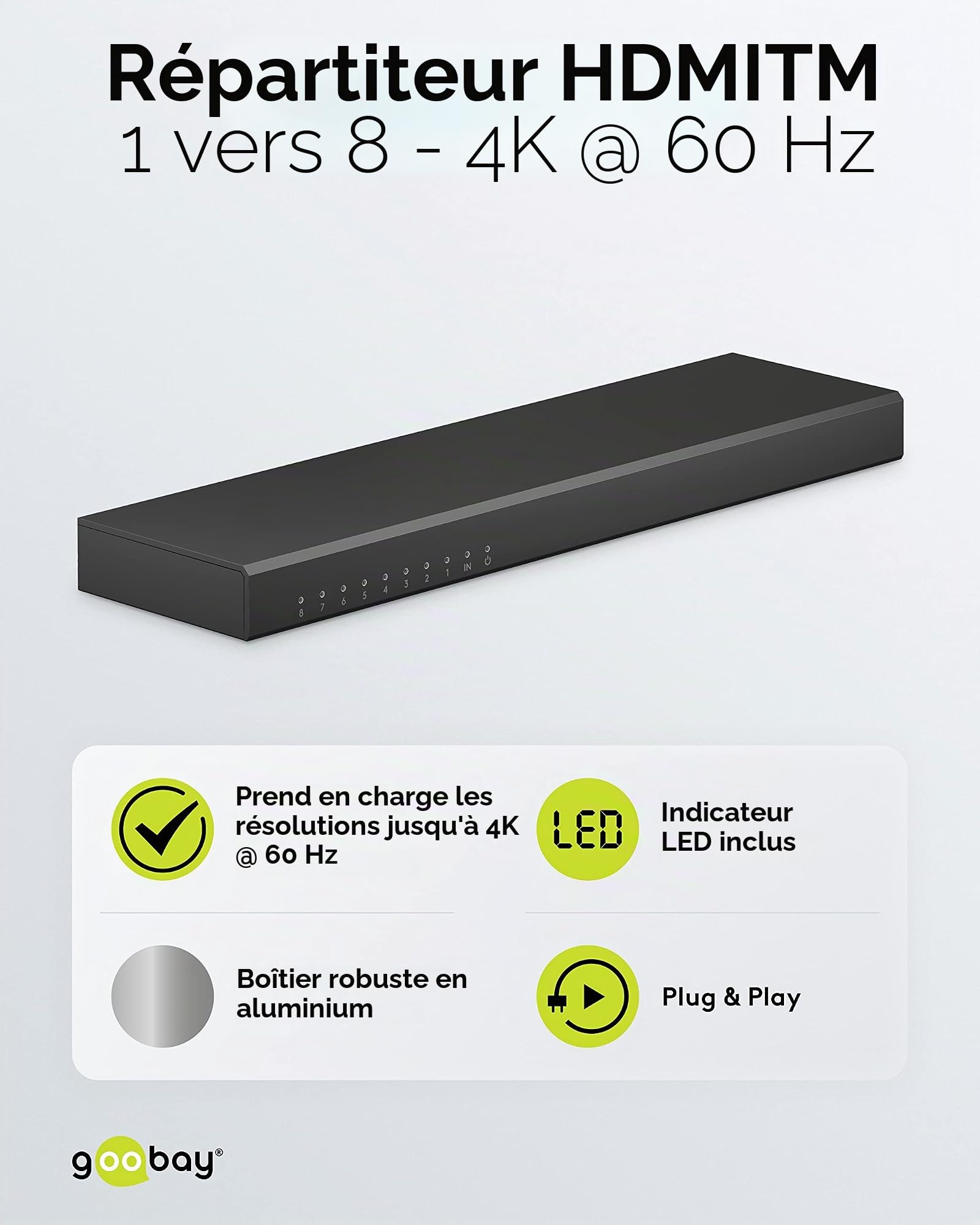 Goobay 58484 Splitter HDMI 1 à 8 - Distributeur Supportant des Résolutions Jusqu'à 4K@ 60Hz - 1 Entrée Vers 8 Sorties pour TV, Moniteur, Beamer, PS5 et Xbox - Noir