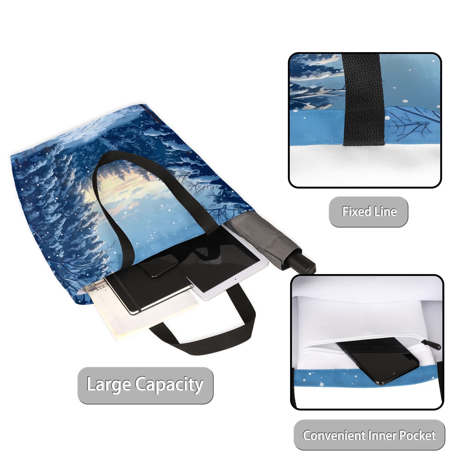 Mularoka Deep Snowy Woods Large Capacity Canvas Tote Bag Stylish Handheld Shoulder Bag Reusable Shopping Bag for Work Travel Beach Trips Shopping