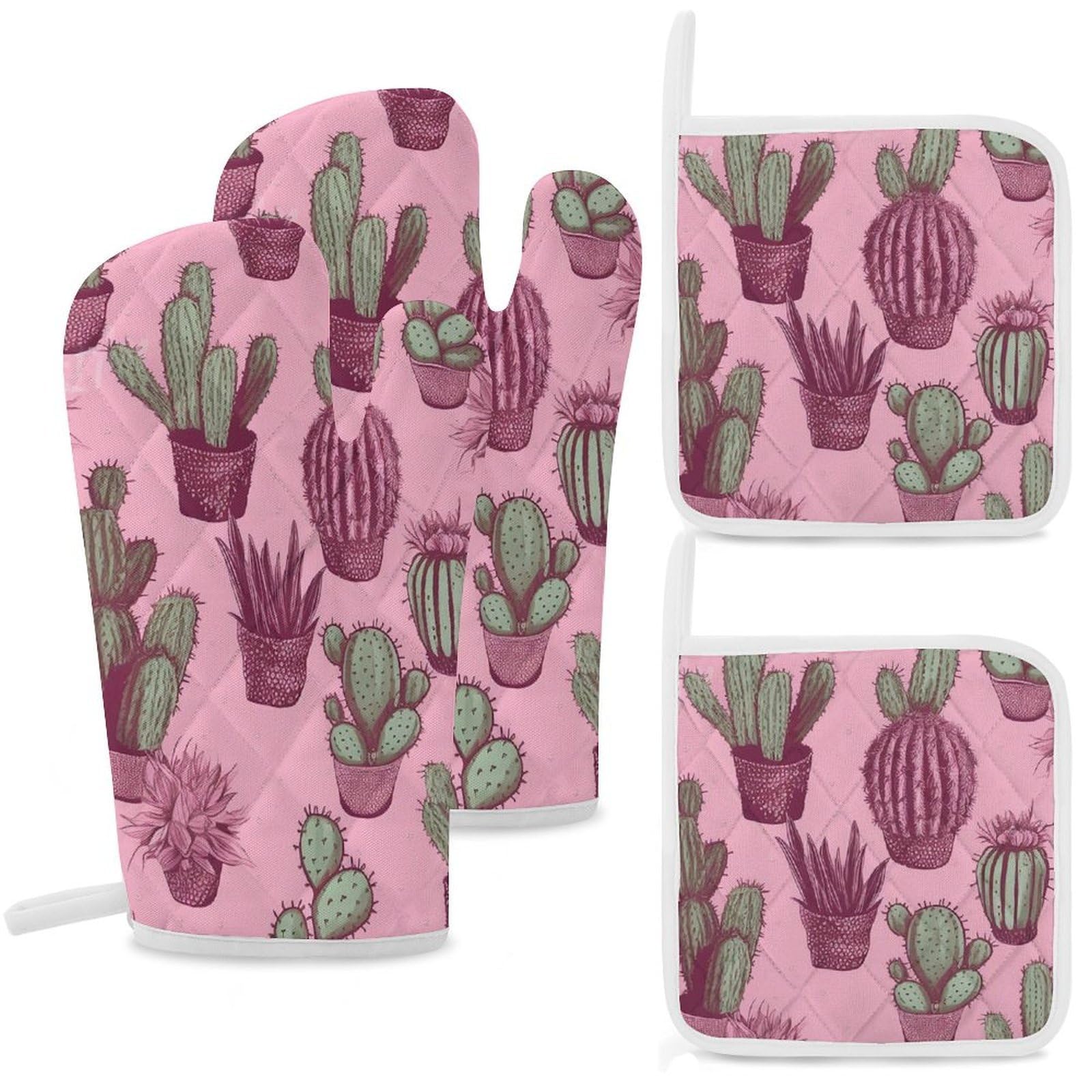 Oven Mitts and Pot Holders Set of 4 Heat Resistant Non-Slip Kitchen Gloves Hot Pads Cactus Mittens Gloves Non-Slip Potholders for Cooking Baking Grilling BBQ