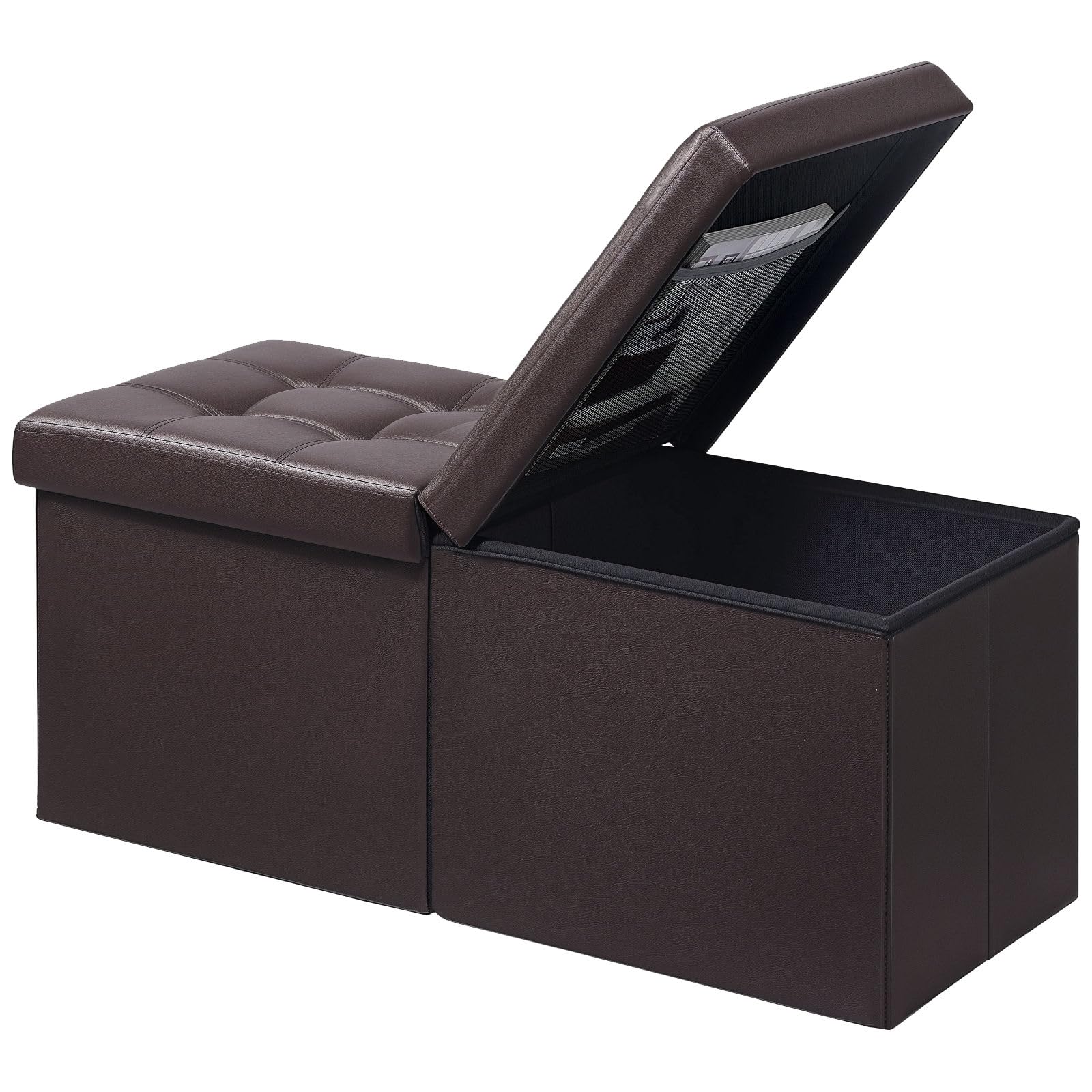 AmasSmile Banco otomano reposapiés con almacenamiento, reposapiés de cuero marrón de 34 pulgadas, mesa de café, asiento acolchado, baúl de almacenamiento, tienda de mantas con tapa abatible para sala