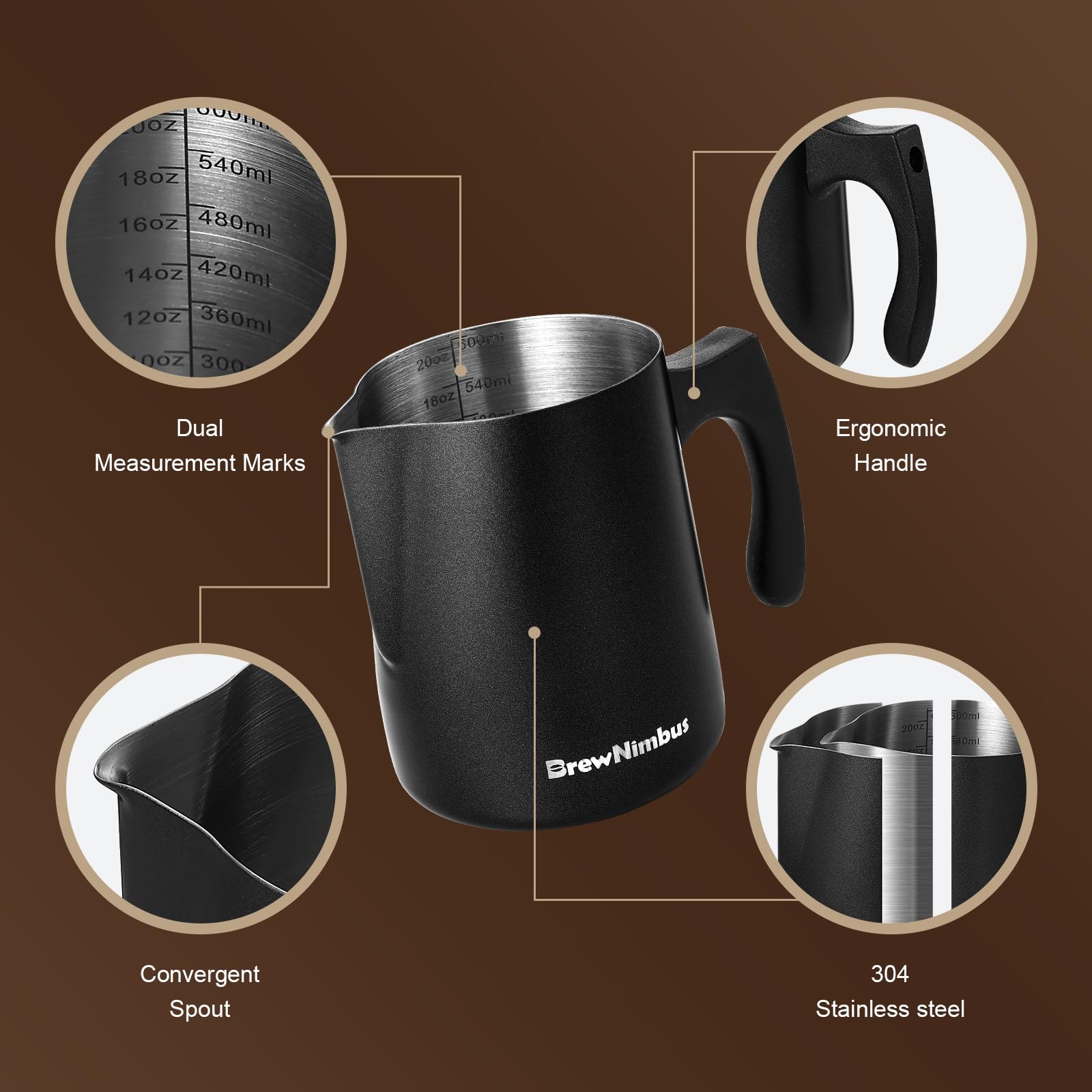 Jarra de espuma de leche, jarra de espuma de acero inoxidable de 600 ml con marcas de medición duales, taza espumadora para espresso, capuchino, arte latte