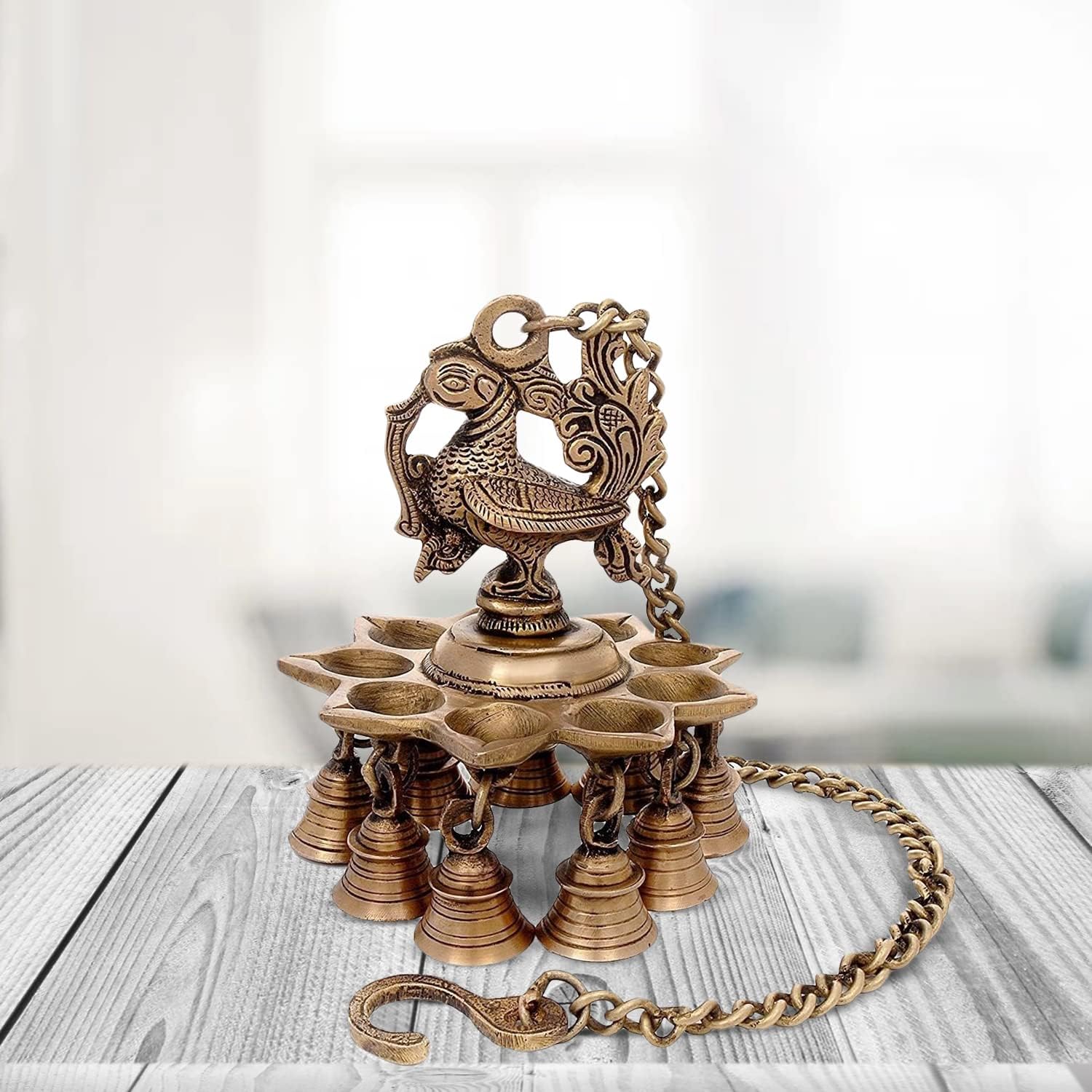 Artvarko Brass Peacock Deepam Deepak Diya Bell with Chain Wall Hanging for Home Decor Mandir Temple Puja 9 Inches Height