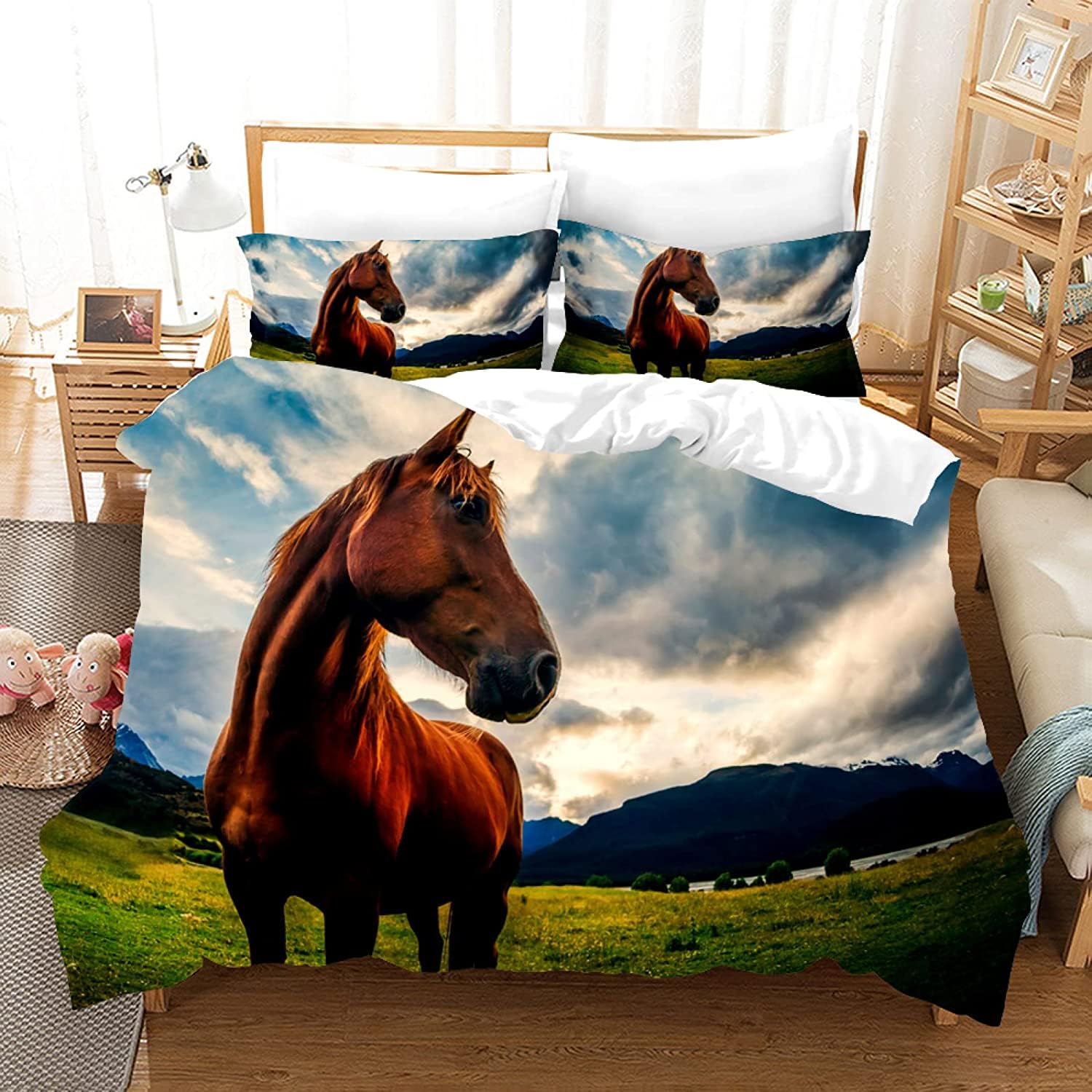 Housse de couette 140x200 cheval et parure de lit 3D imprimée microfibre pour lit 1 personne
