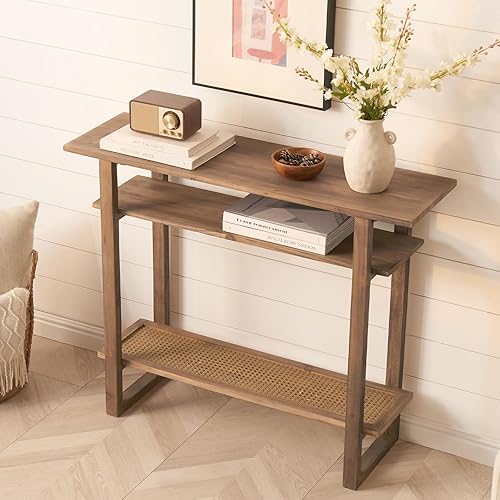 Miniatura 6 de Mesa consola bohemia de madera maciza, mesa de entrada rústica de 39.4 pulgadas con estante de ratán, mesa consola abierta de 3 niveles, mesa de