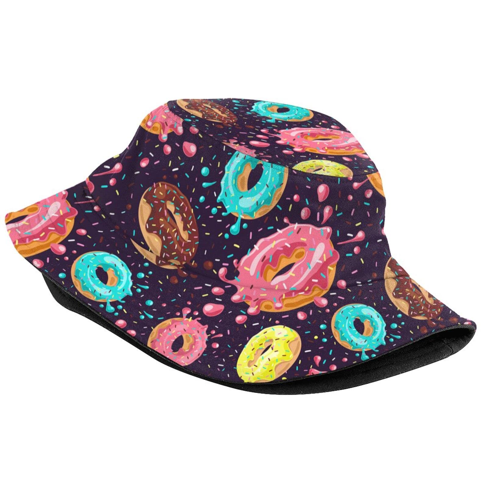 Donut Patterned Bucket Hat Fishing Hats Summer Travel Beach Sun Uv Protection Packable Fisherman Cap for Men Women Teens
