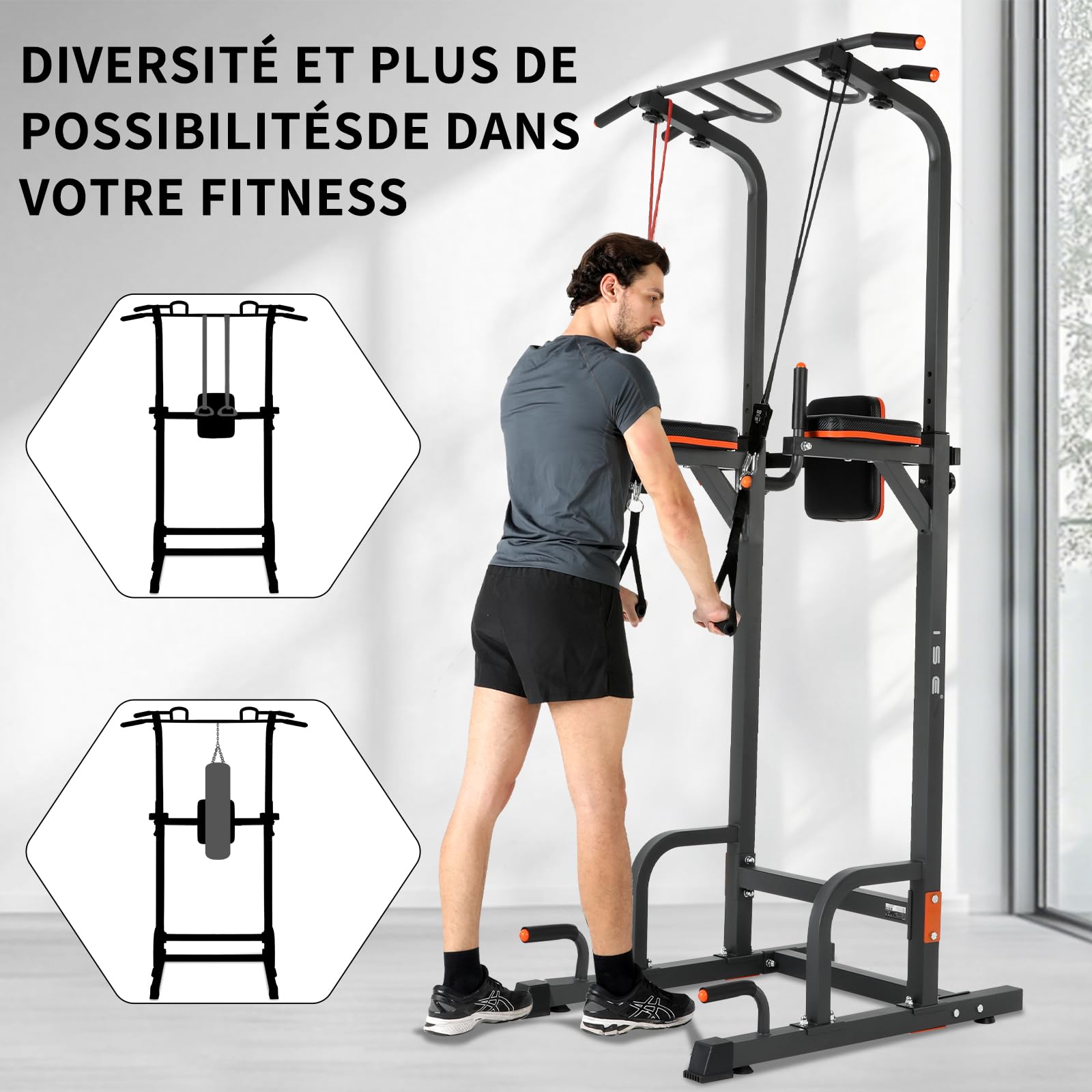 ISE Power Tower Barre de Traction Chaise Romaine Hauteur Réglables Multifonction Dips Abdominaux Station de Musculation Entraînement à Domicile, Accoudoirs, Fitness, Chaise Romaine Musculation