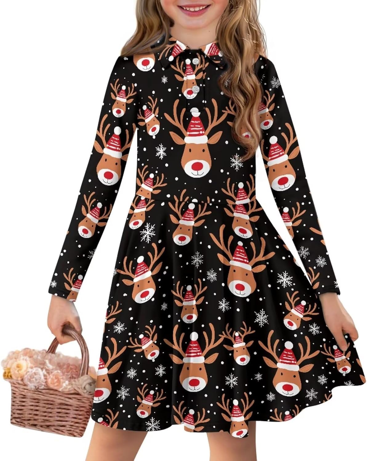 Girls Long Sleeve Dress Kids Outfit Button A-Line Sundress Polo Shirt Skirt for Daily School