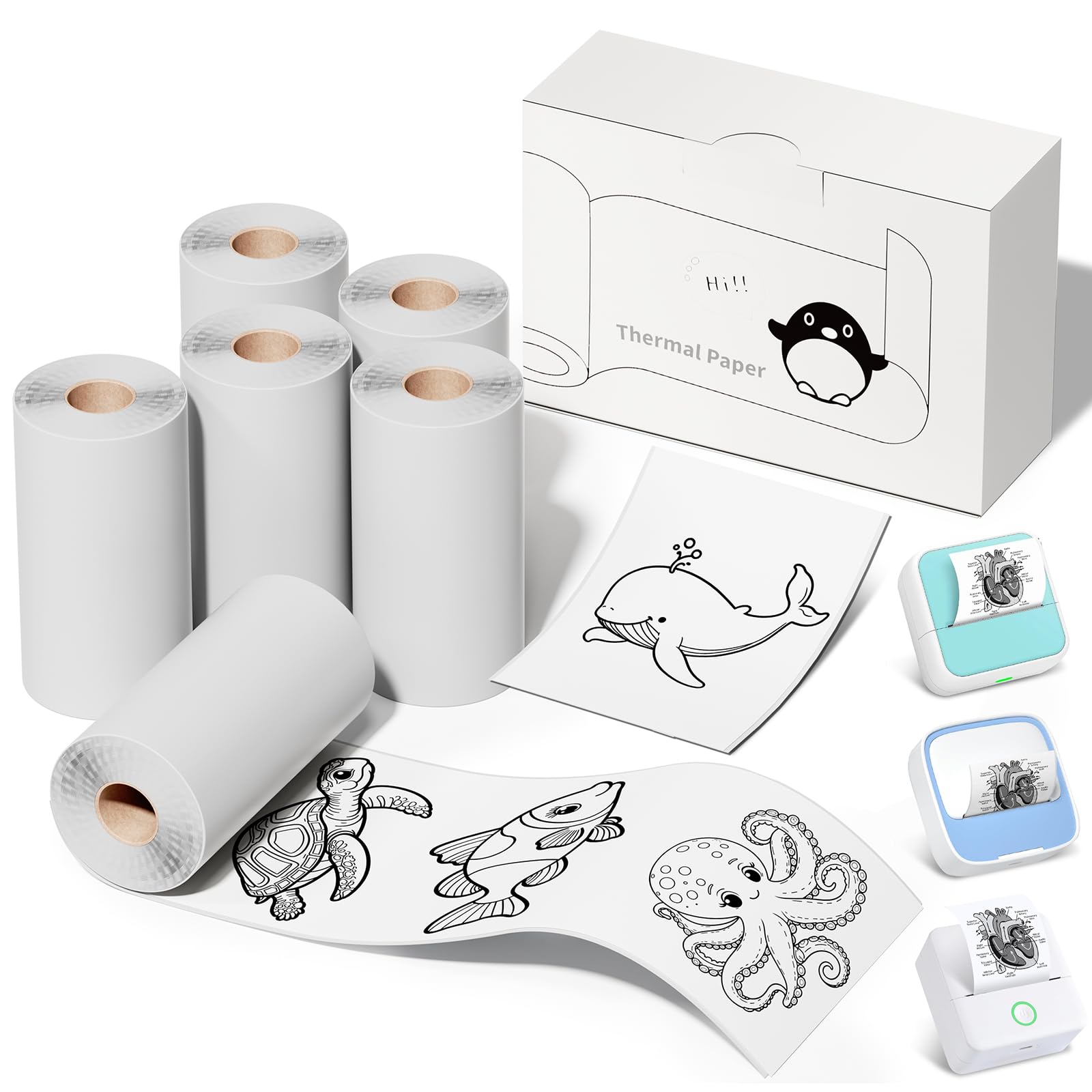 6 Rolls Mini Sticker Printer Paper, 57mm Thermal Printer Paper White