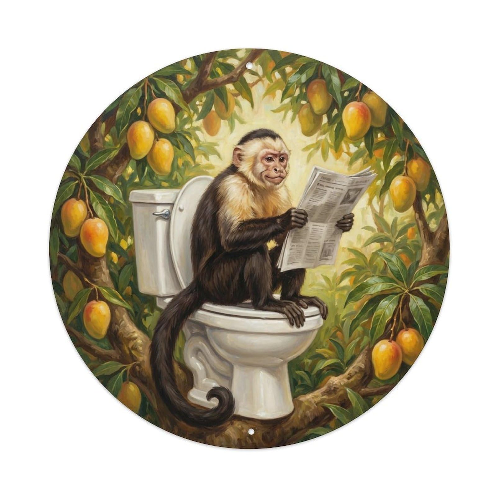 Capuchin On Toilet Humorous Bathroom Tropical Fruit Tree Metal Tin Sign