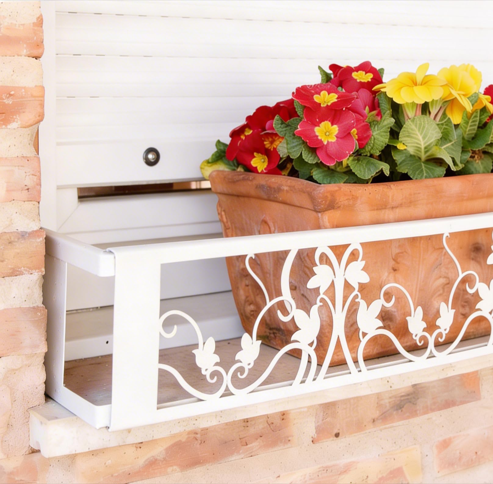 Balconcillo para Macetas, Balconcillo para Plantas, Portamacetas Ventana, Protector de macetas, Modelo Floral Extensible 140-200 cm, Blanco