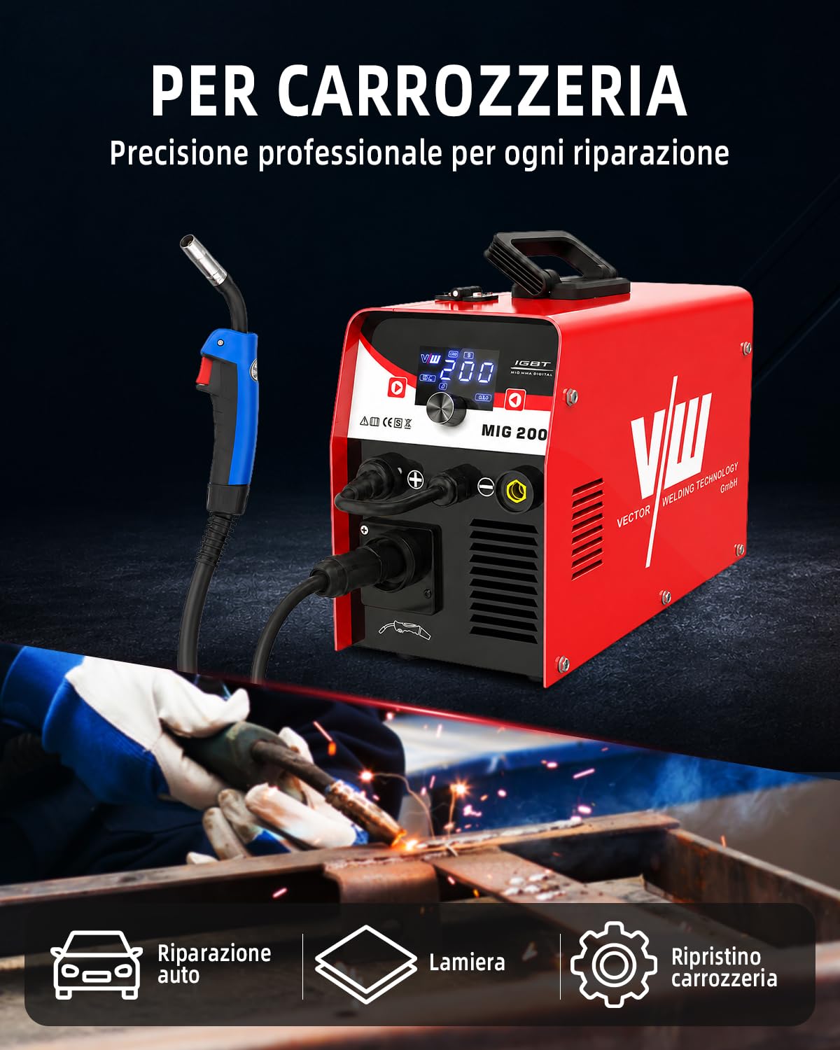 VECTOR WELDING MIG Saldatrice 200 A Set di Fili di Riempimento, Saldatrice Elettrodo 30-200A Dispositivo Combinato con MCU, IGBT, Display Digitale, per Saldatura con e Senza Gas