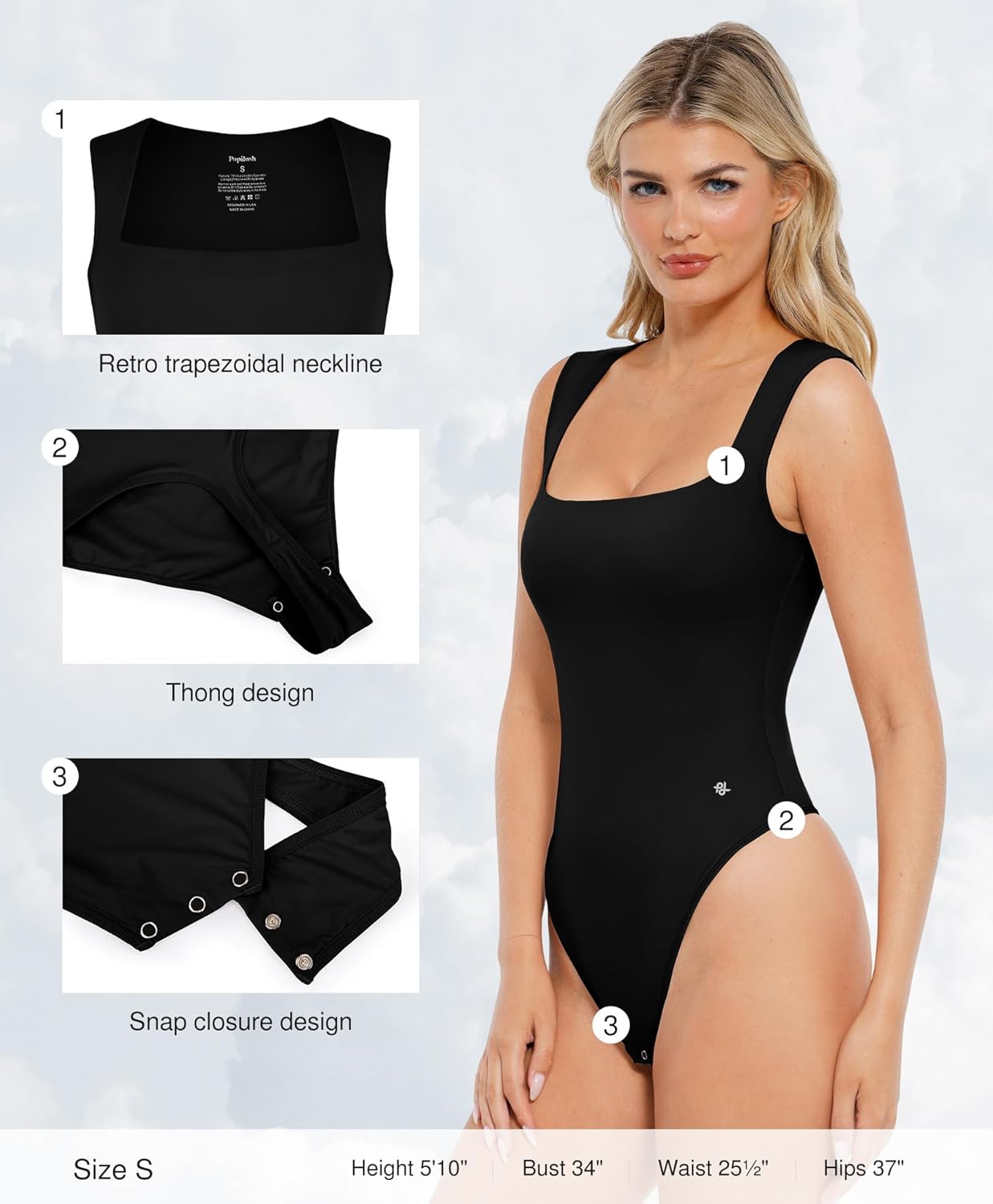 Popilush Bodysuits for Women - Sleeveless Square Neck Thong Bodysuit Tummy Control Double Lined Going Out Corset Tops - Image 3