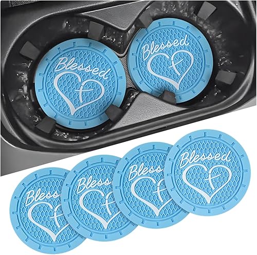 AICEL Paquete de 4 posavasos para automóvil, 2.75 pulgadas, de PVC suave, portavasos para automóvil, diseño cristiano de cruz bendita y corazón,