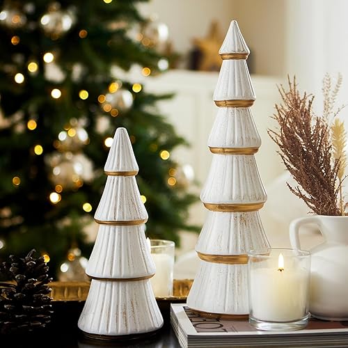 Miniatura 7 de WONDROUS' DECO Figura de árbol de Navidad de madera, figura de árbol blanco de mesa, juego de 2 centros de mesa para decoración de Navidad