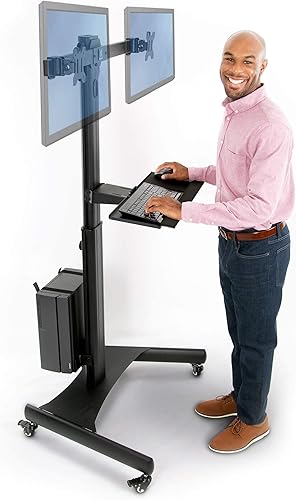 Stand Steady Estación de trabajo móvil de doble monitor con bandeja para teclado, soporte para CPU y ruedas de bloqueo. Soportes VESA de altura