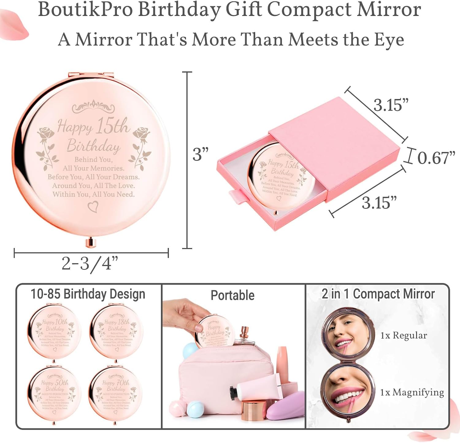 Birthday Gifts for Women Makeup Mirror 10th-85th Birthday Gifts for Sister Mom BFF Daughter Grandma Granddaughter - Milestone Birthday Presents 2-in-1 Compact Mirror (15th Birthday)