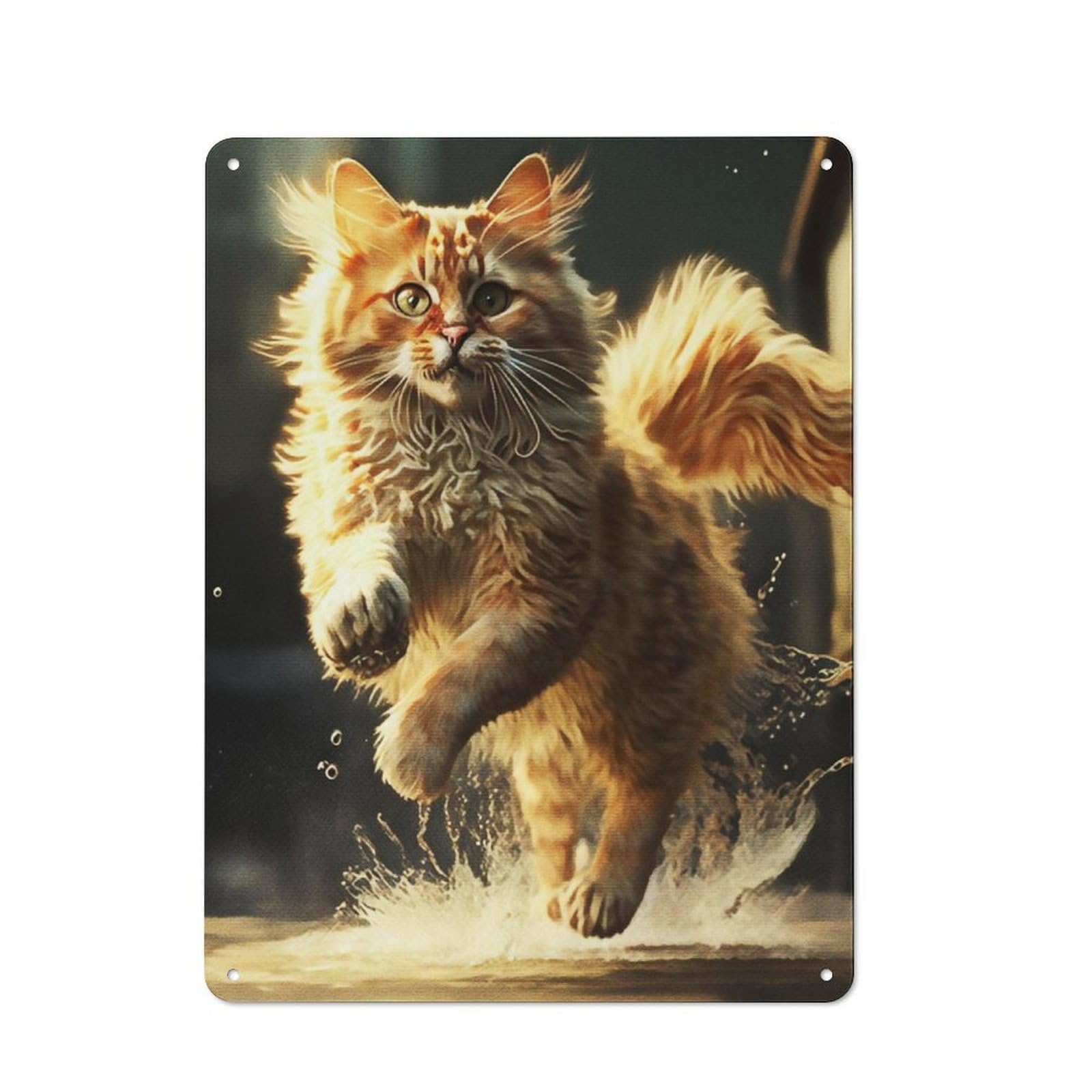 Rustic Tin Wall Sign 40x30cm Featuring Jumping Cat, Bistro Wall Plaque for Restaurant, Kitchen, Counter Or Breakfast Nook