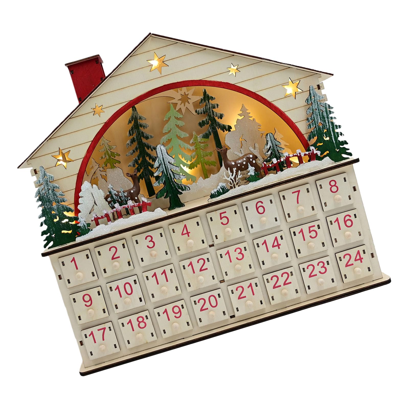 Natürlicher Holz-Adventskalender, Weihnachts-Holz-Advent mit Schubladen, LED-beleuchteter Countdown mit 24 Schubladen, Countdown bis Dekorationen für Partydekoration