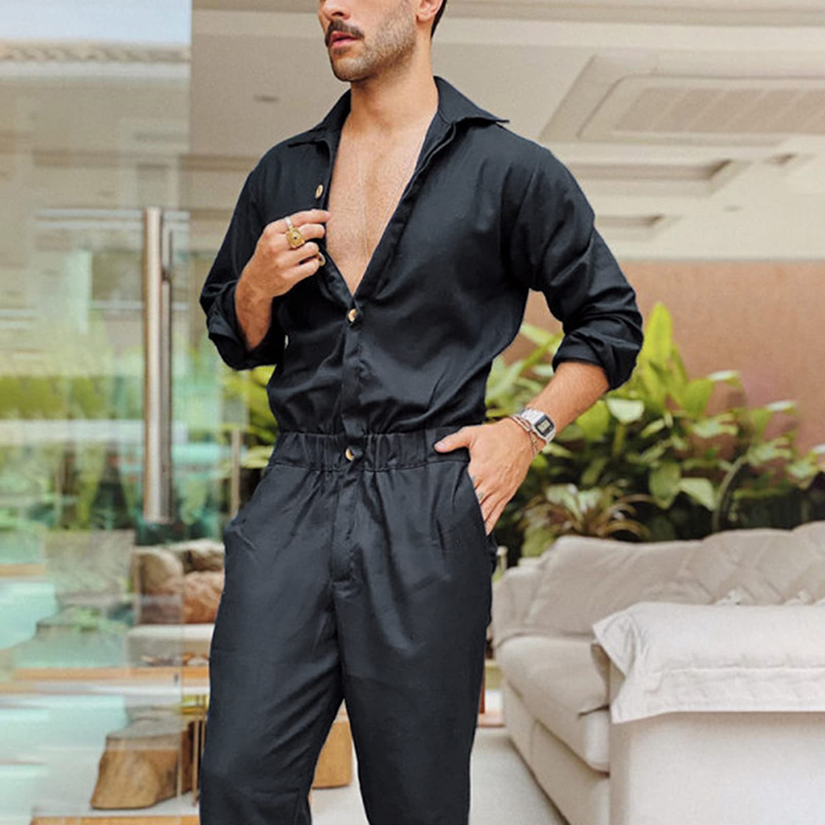 GTHTTT Uomo Cotone Maniche Lunghe Coverall Tuta Autunno Salopette Elegante Tinta Unita Jumpsuit con Tasche per Spiaggia Vacanza for Adult